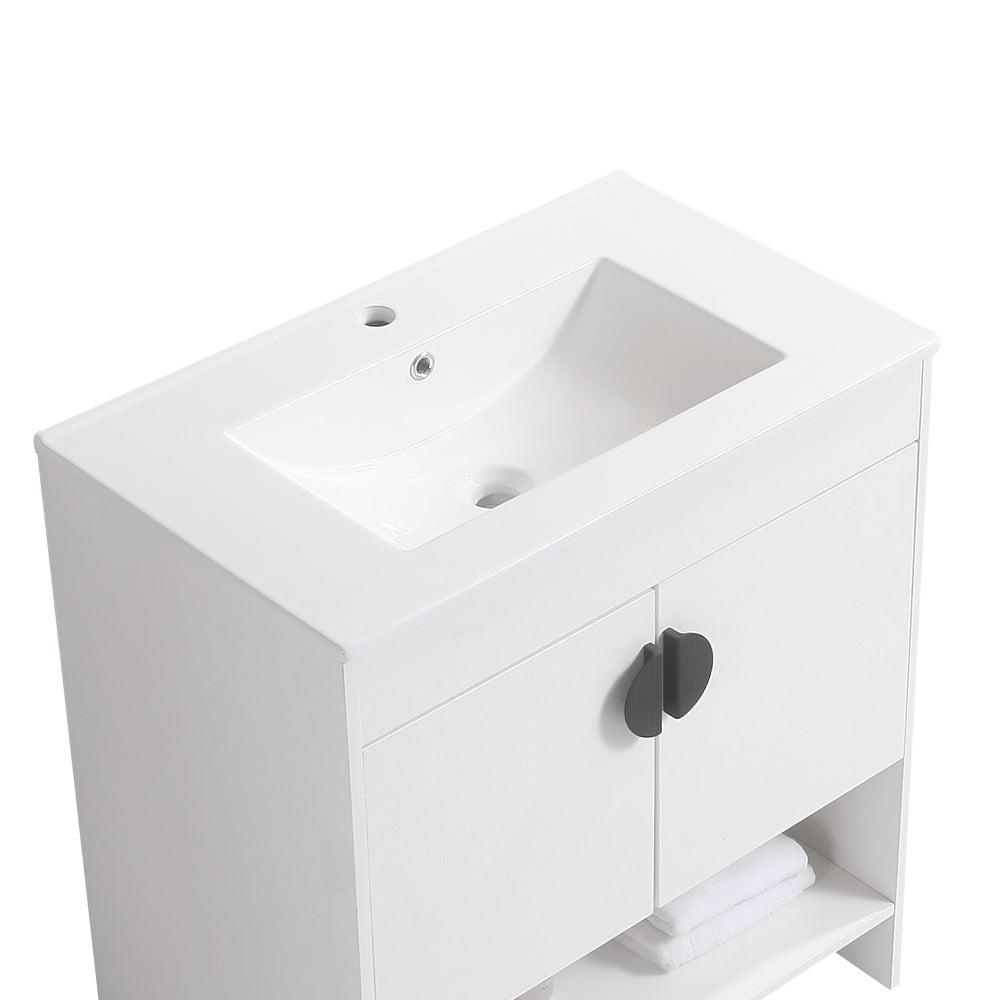 30" Bathroom Vanity,with White Ceramic Basin,Two white-solid wood