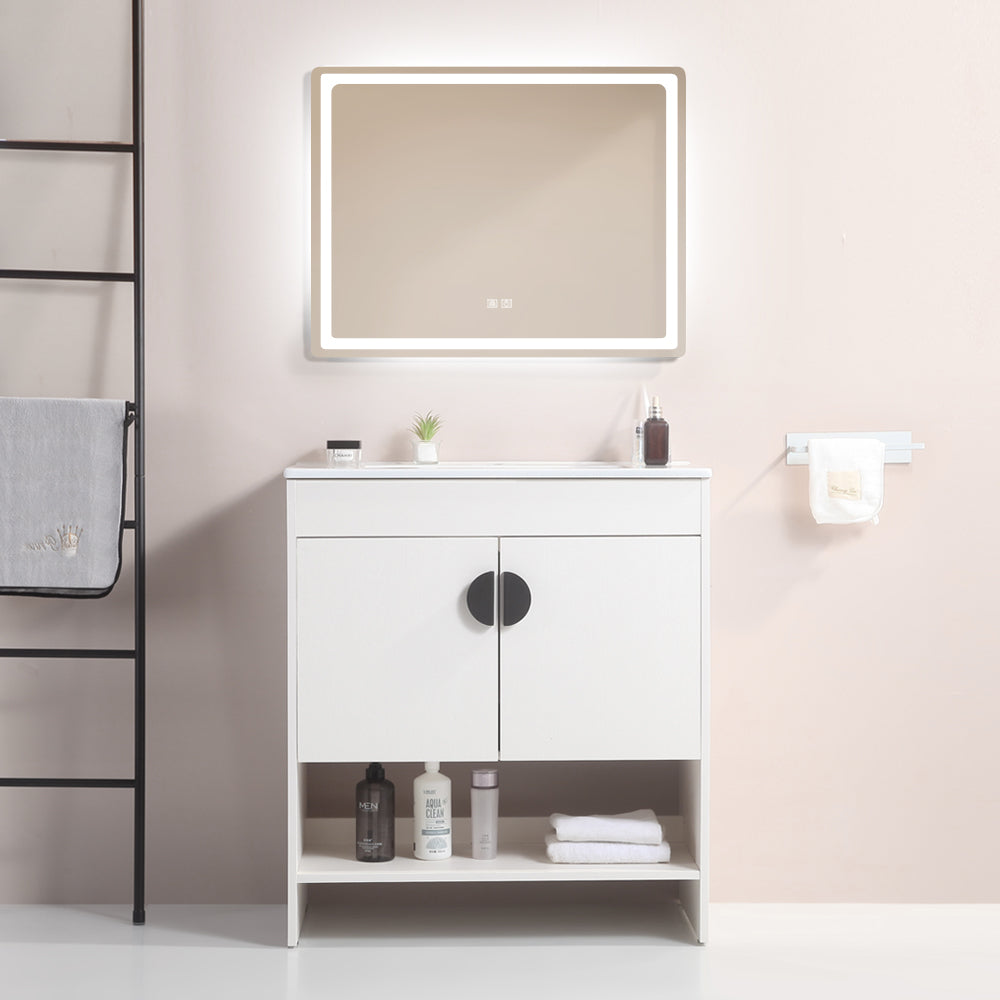 30" Bathroom Vanity,with White Ceramic Basin,Two white-solid wood