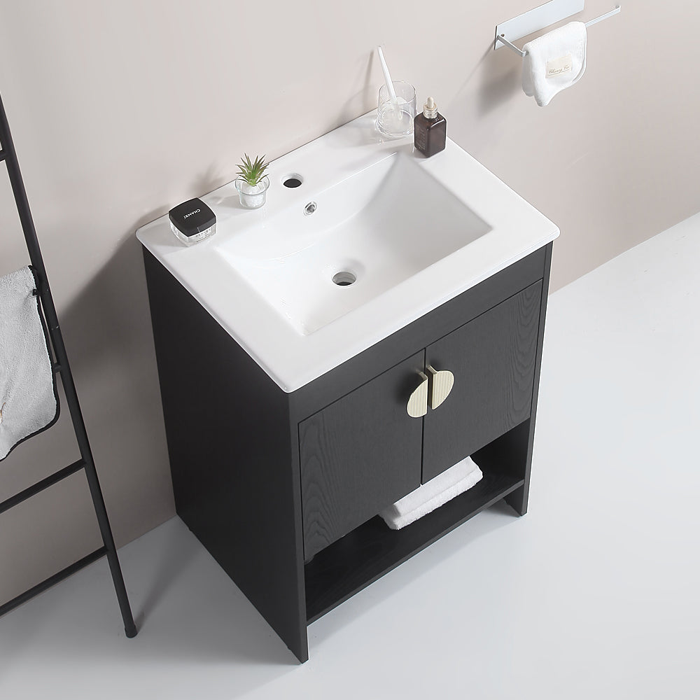 24" Bathroom Vanity,with White Ceramic Basin,Two black-solid wood