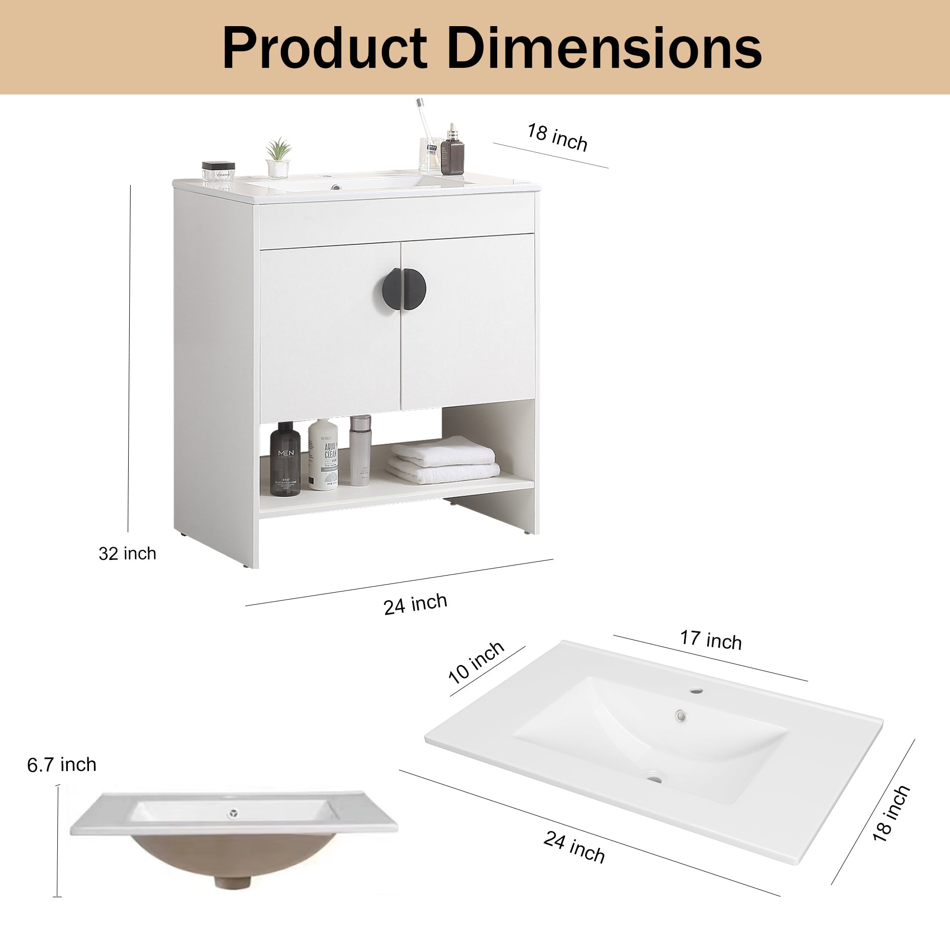 24" Bathroom Vanity,with White Ceramic Basin,Two white-solid wood