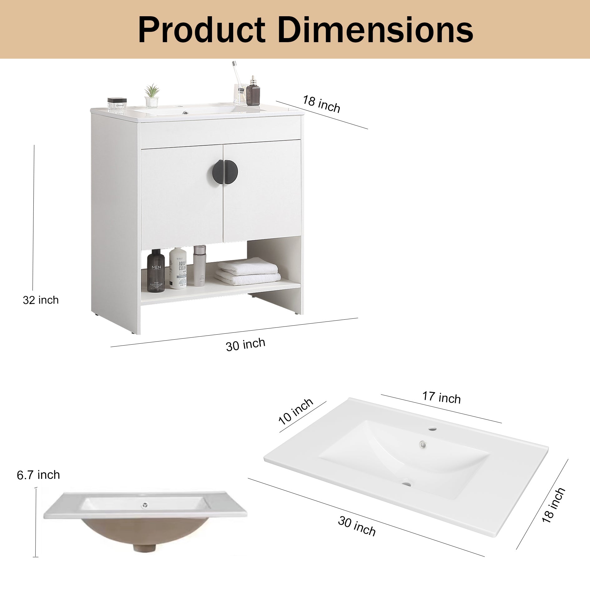 30" Bathroom Vanity,with White Ceramic Basin,Two white-solid wood