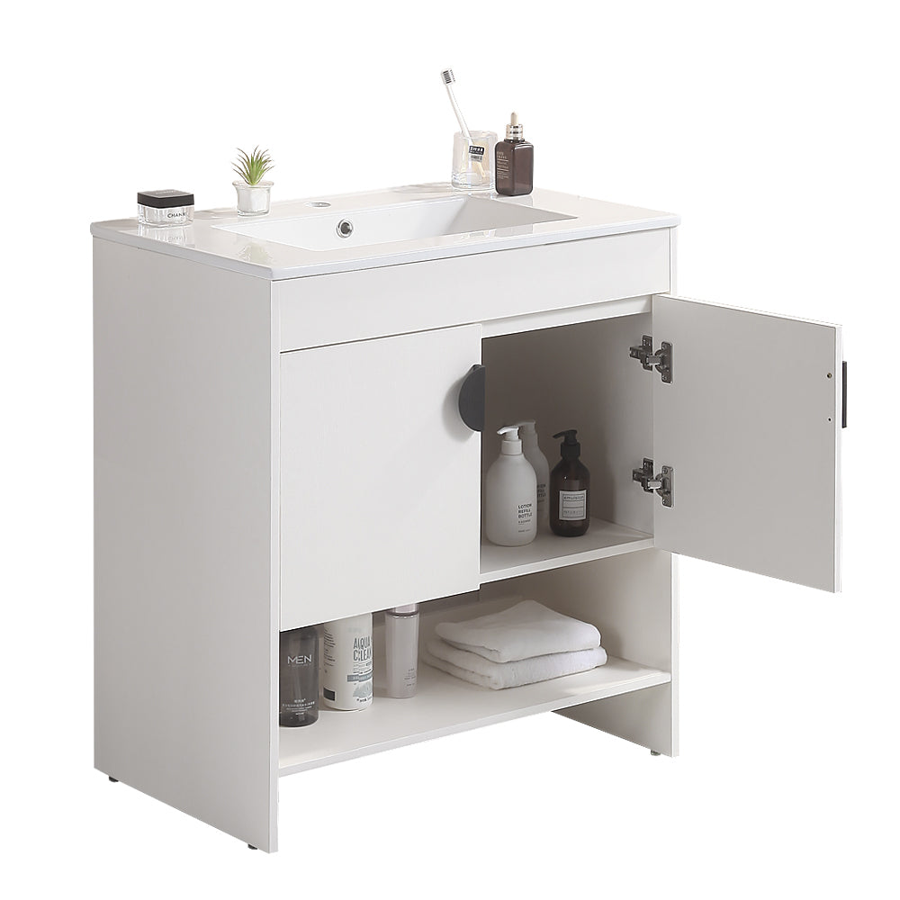 30" Bathroom Vanity,with White Ceramic Basin,Two white-solid wood