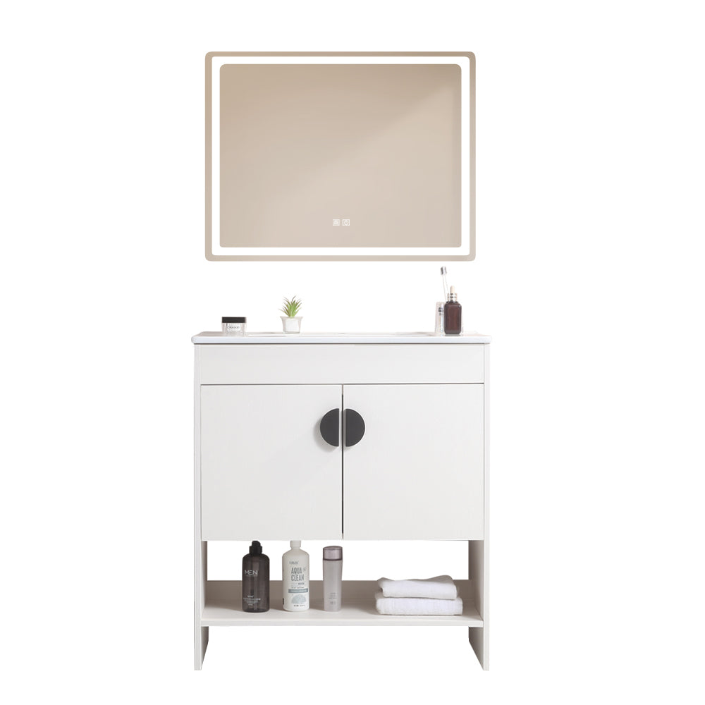 30" Bathroom Vanity,with White Ceramic Basin,Two white-solid wood