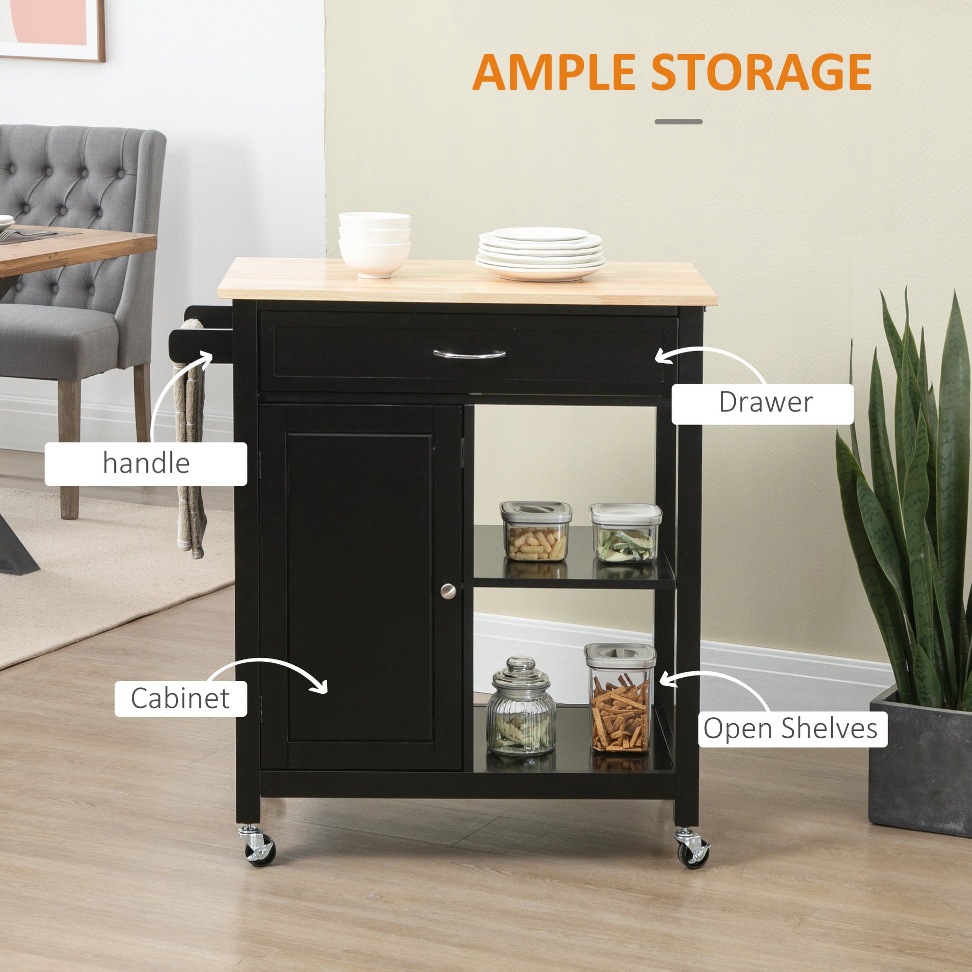 Kitchen Island Cart, Rolling Kitchen Island with black-mdf