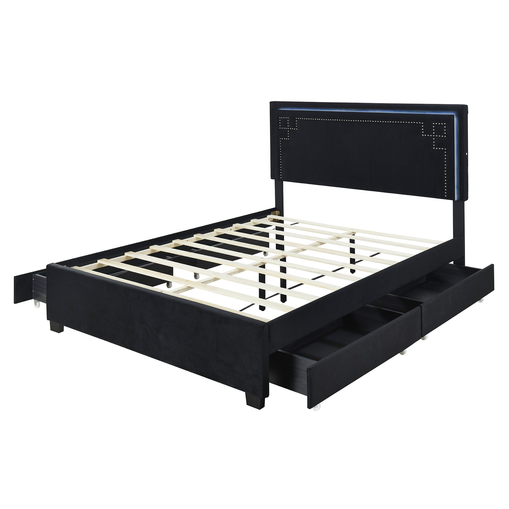 Queen Size Upholstered Platform Bed With Rivet -