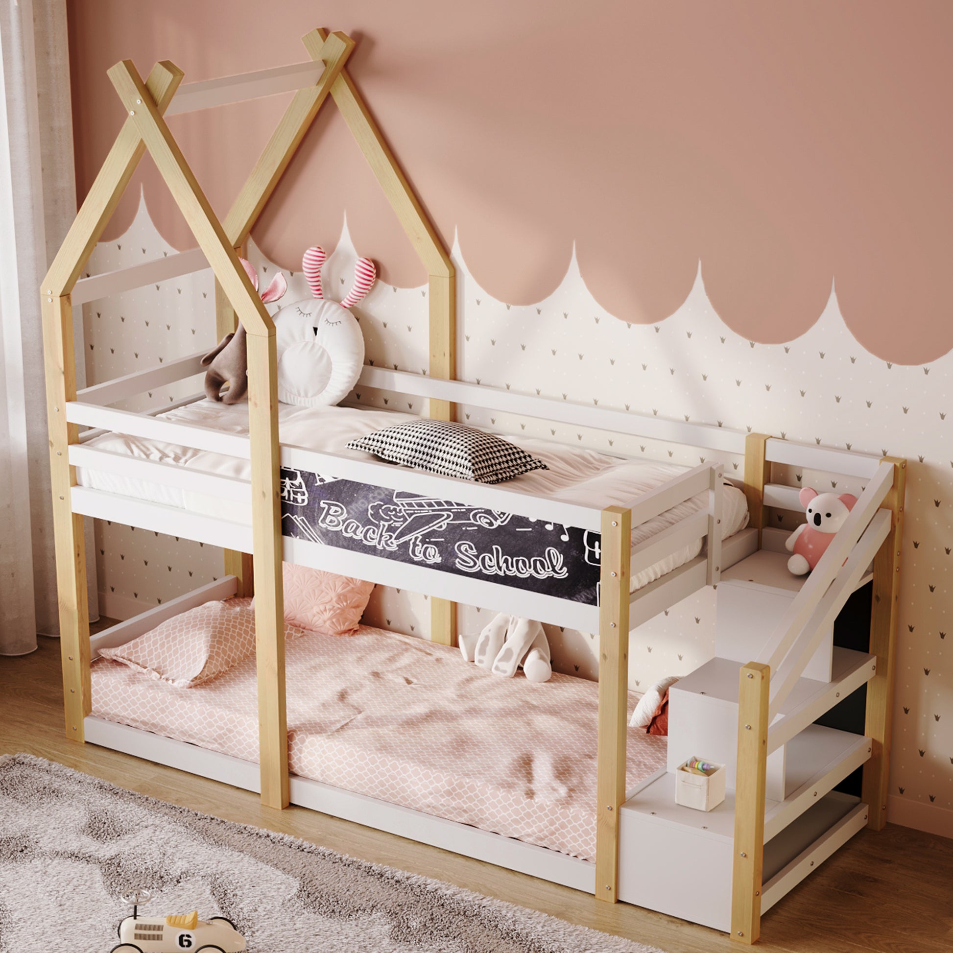 Twin over Twin House Bunk Bed with White Storage box spring not required-twin-white-bed frame-pine