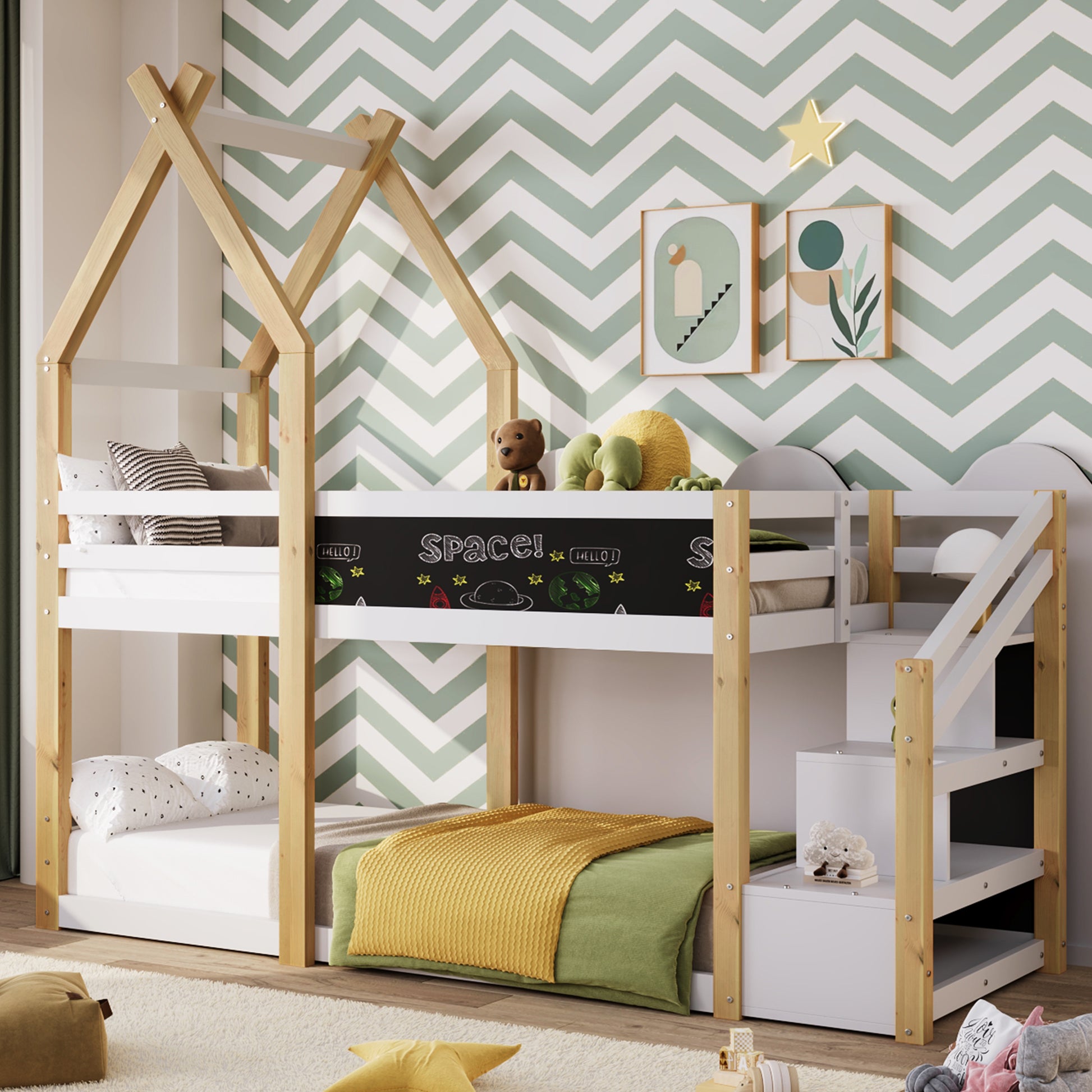 Twin over Twin House Bunk Bed with White Storage box spring not required-twin-white-bed frame-pine