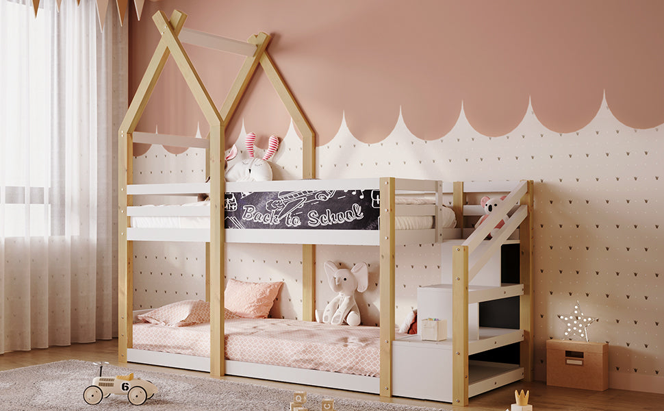 Twin over Twin House Bunk Bed with White Storage box spring not required-twin-white-bed frame-pine