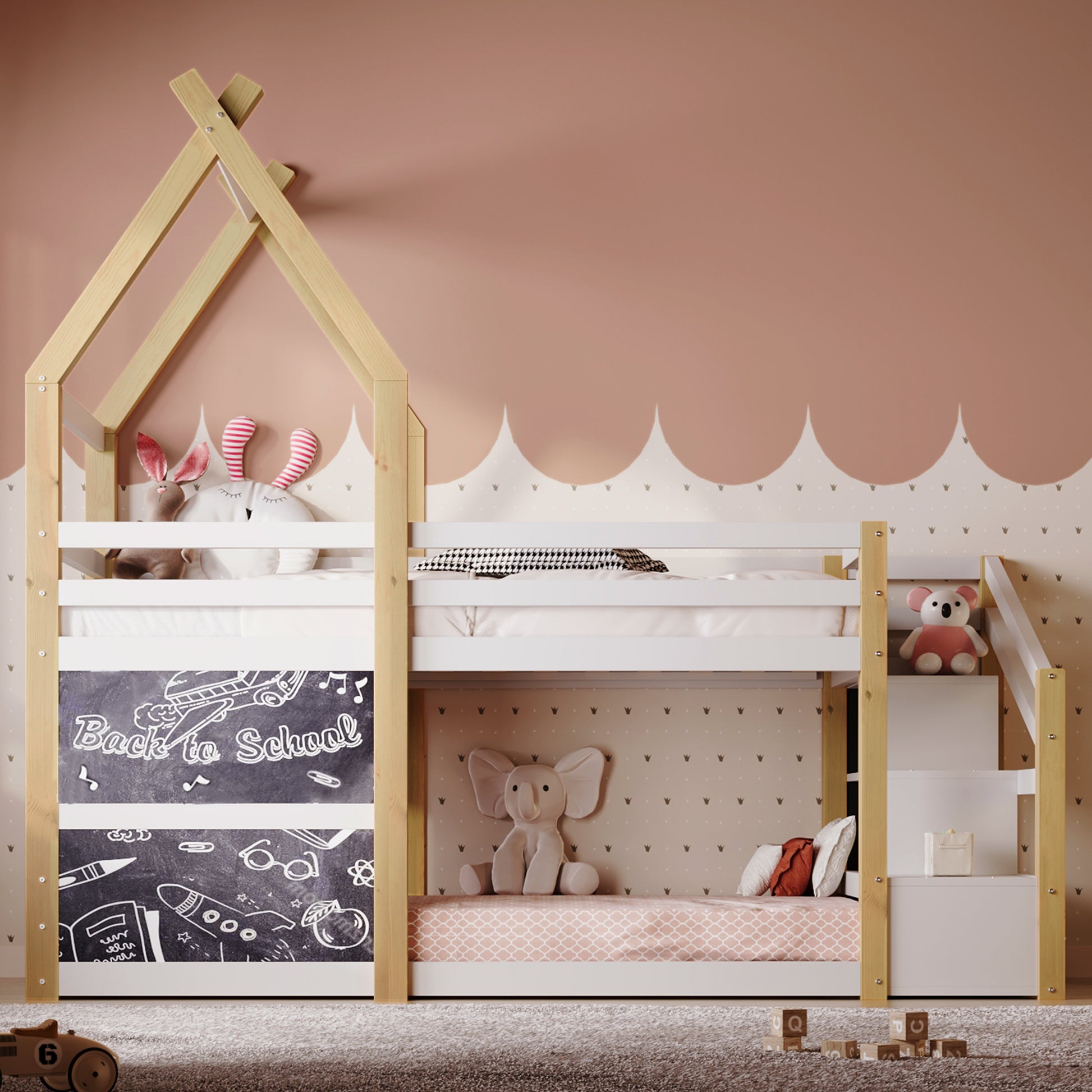 Twin over Twin House Bunk Bed with White Storage box spring not required-twin-white-bed frame-pine