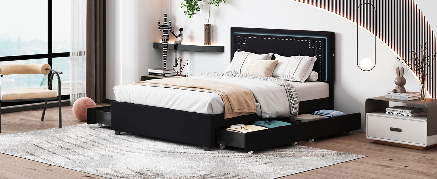 Queen Size Upholstered Platform Bed With Rivet -