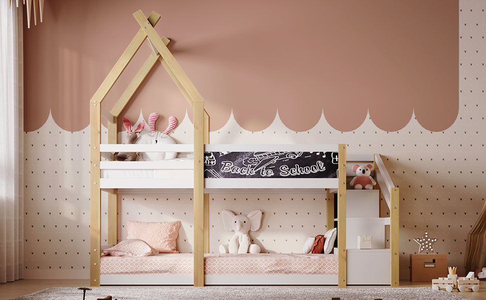 Twin over Twin House Bunk Bed with White Storage box spring not required-twin-white-bed frame-pine