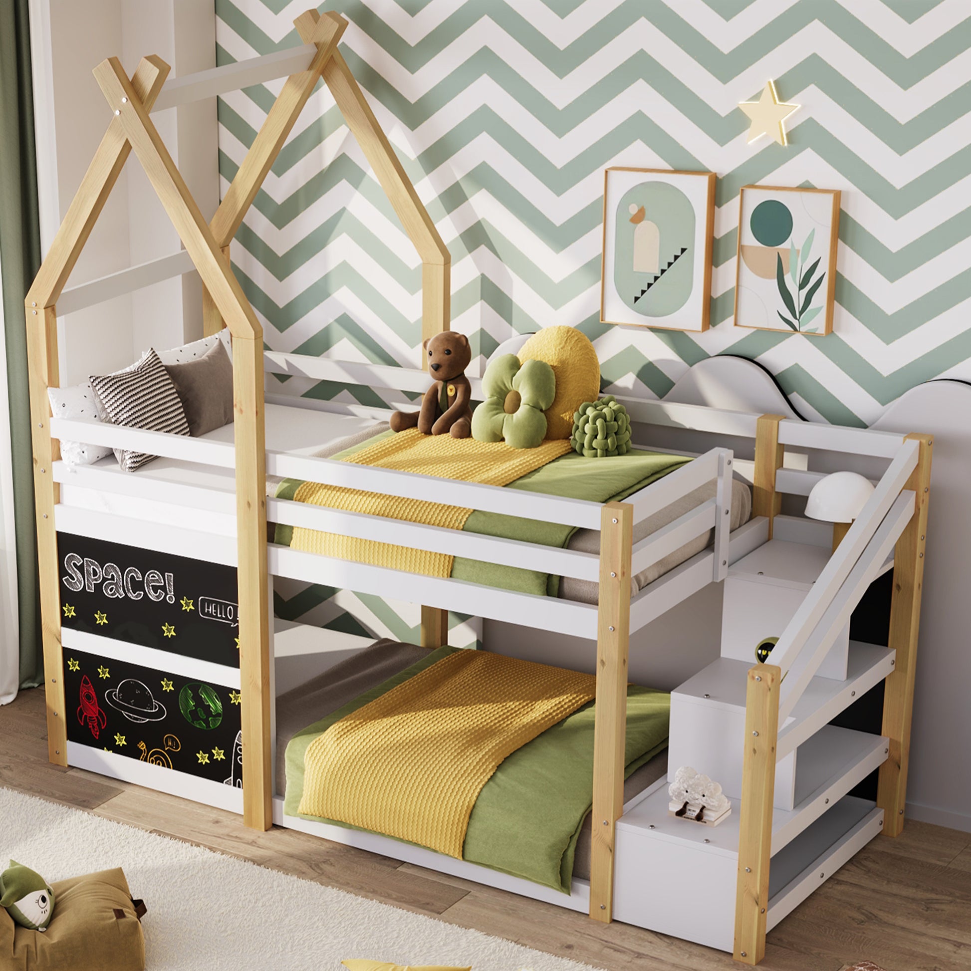 Twin over Twin House Bunk Bed with White Storage box spring not required-twin-white-bed frame-pine