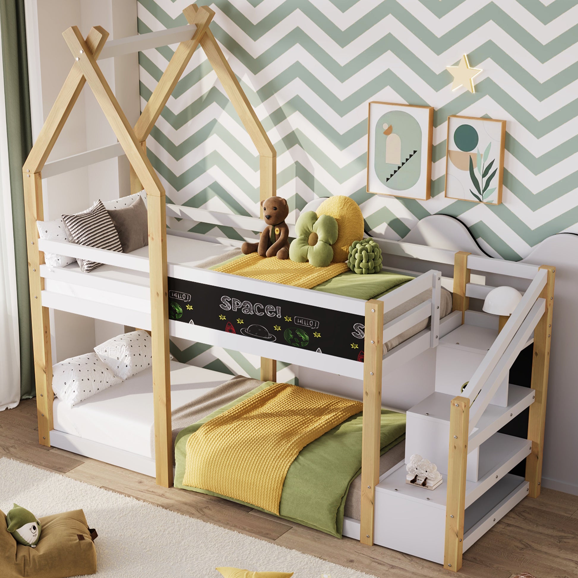 Twin over Twin House Bunk Bed with White Storage box spring not required-twin-white-bed frame-pine