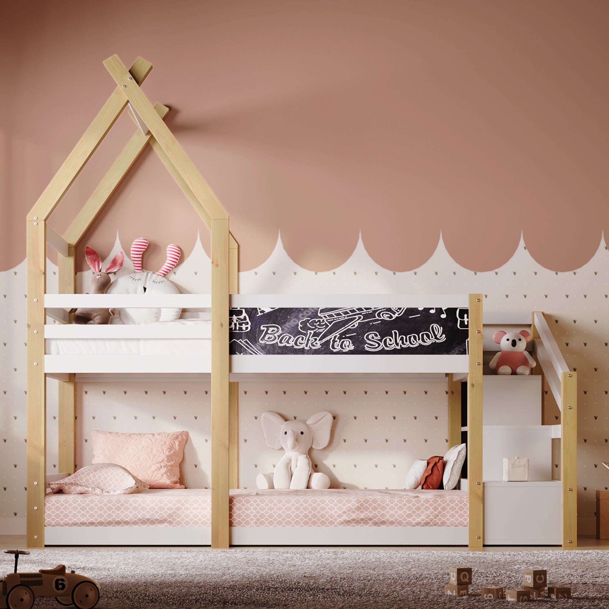 Twin over Twin House Bunk Bed with White Storage box spring not required-twin-white-bed frame-pine