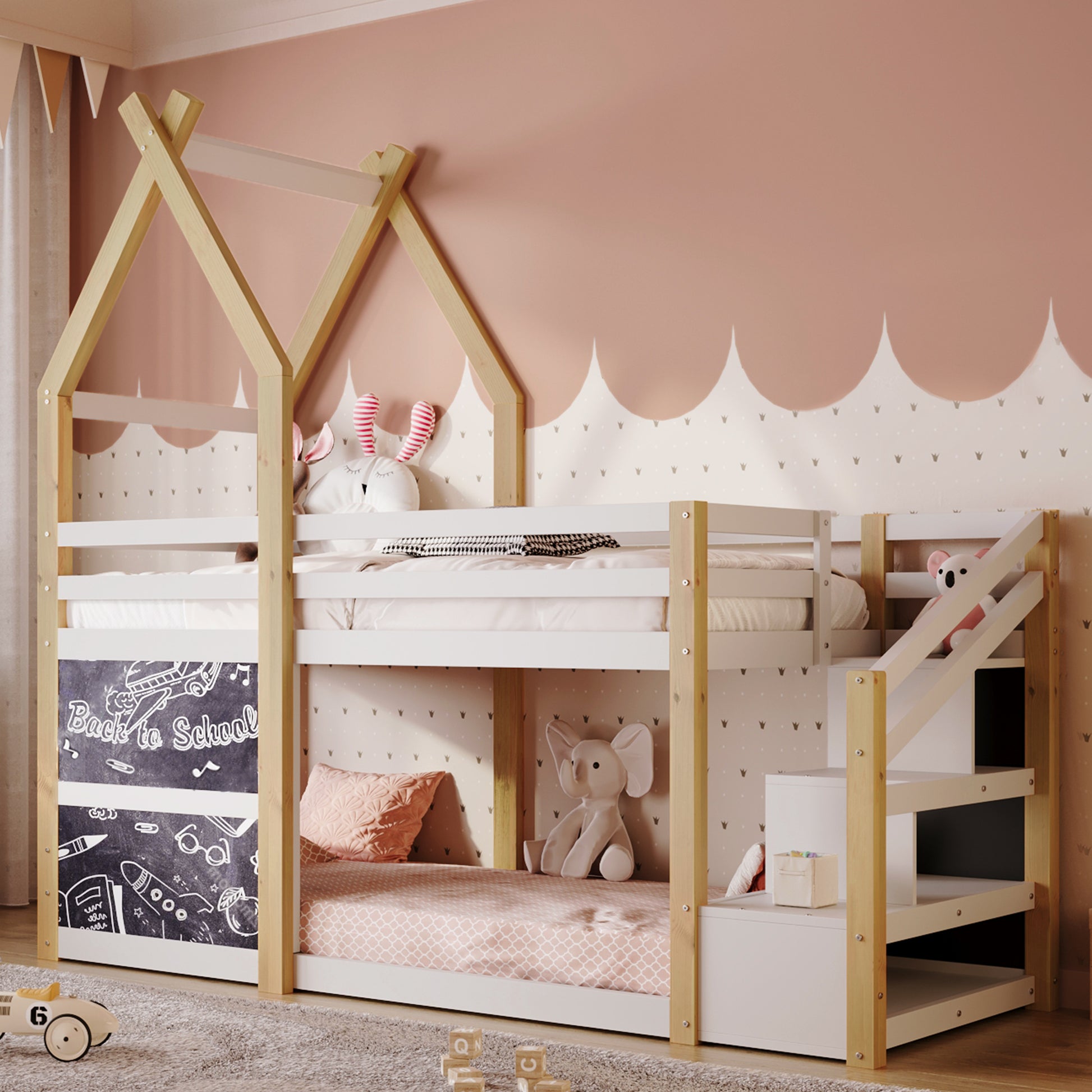 Twin over Twin House Bunk Bed with White Storage box spring not required-twin-white-bed frame-pine