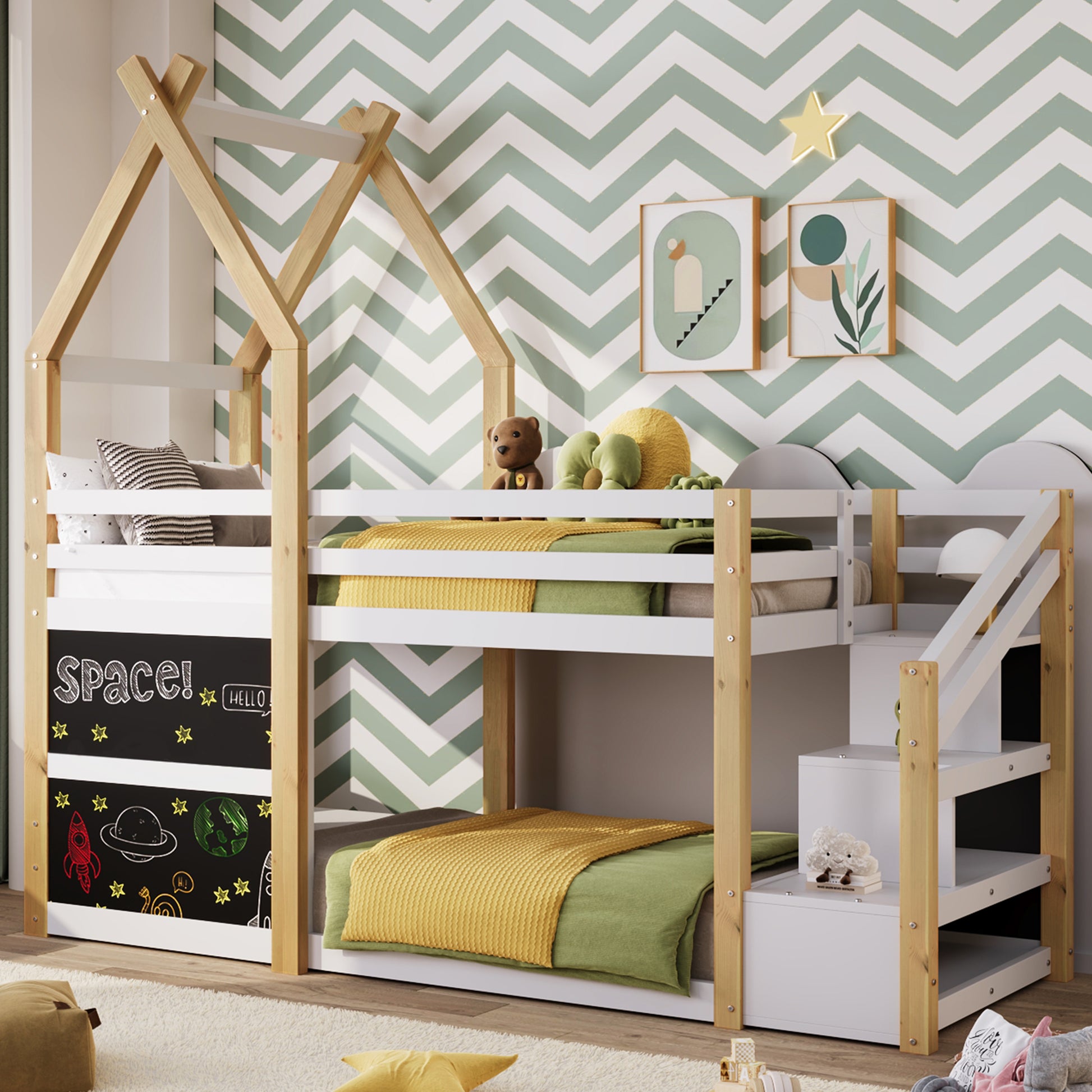 Twin over Twin House Bunk Bed with White Storage box spring not required-twin-white-bed frame-pine