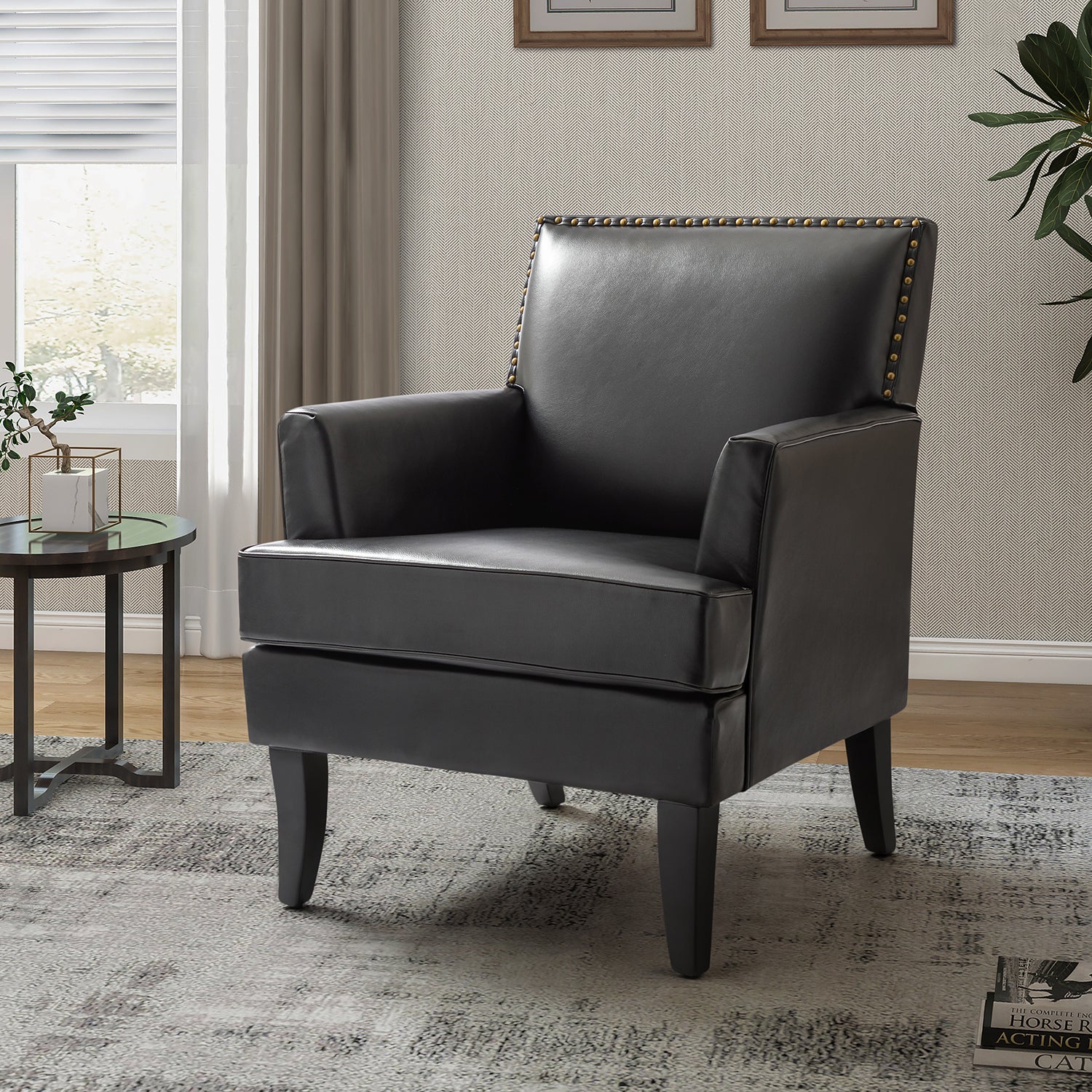 Lapithae Armchair with Solid Wooden Legs and Nailhead black-primary living space-modern-foam-pu