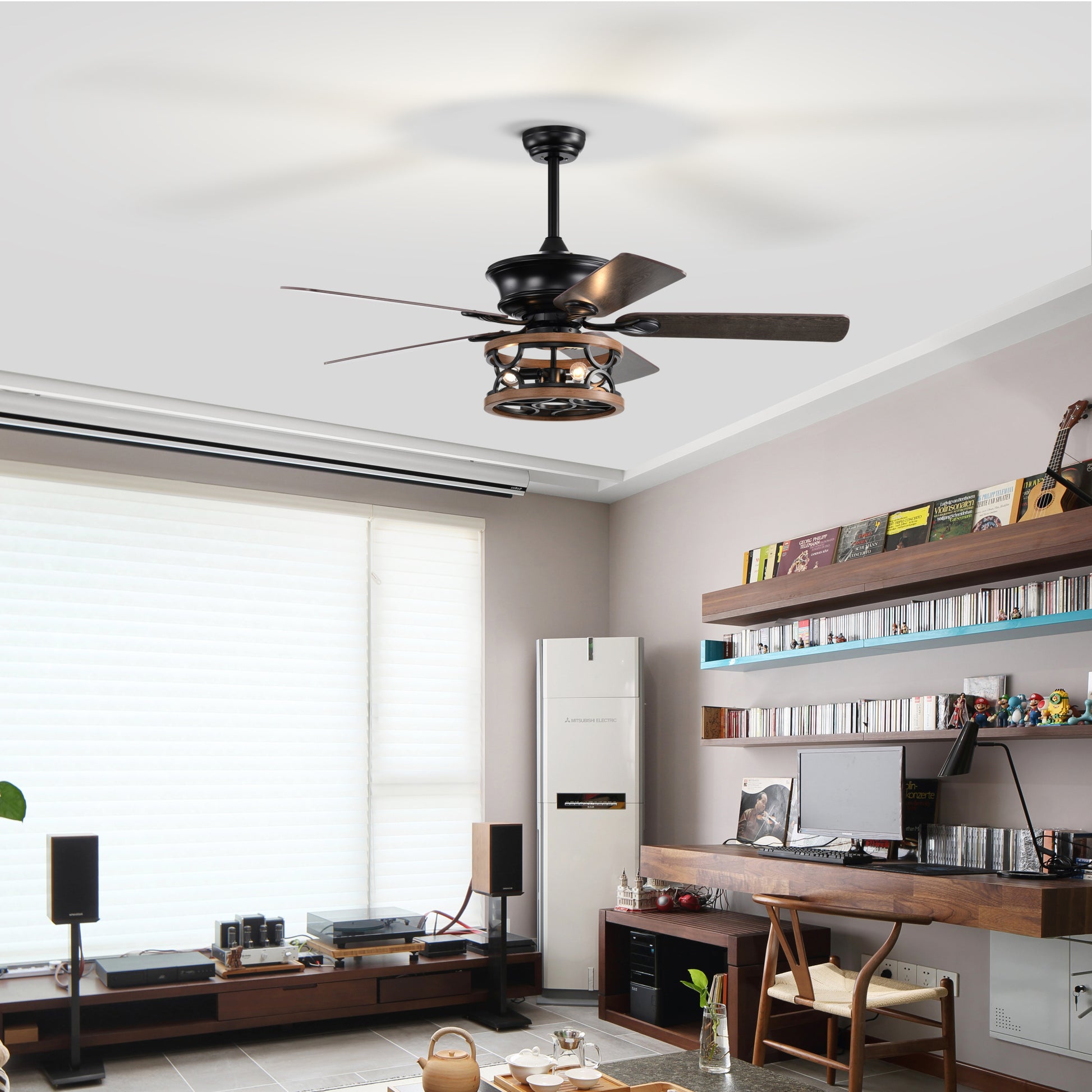 52 Inch Farmhouse Ceiling Fan with Lights and Remote,3 matt black-american design-american