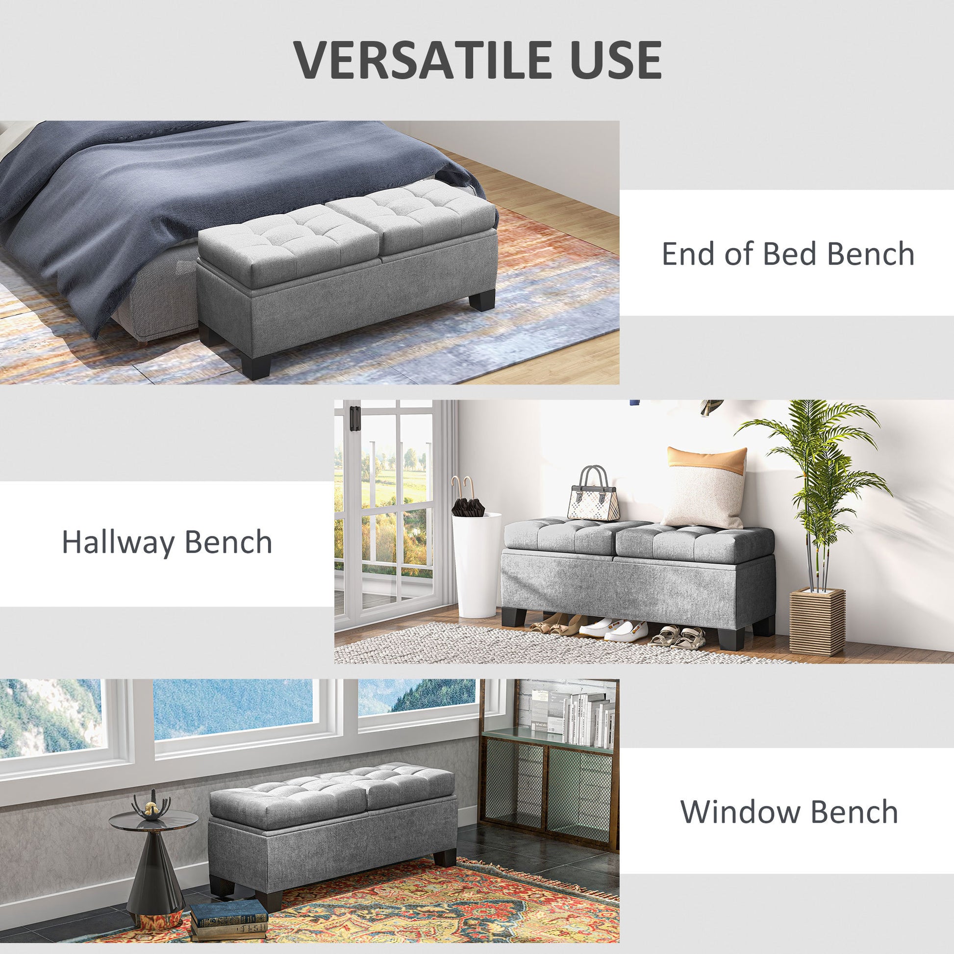 46" Storage Ottoman Bench, Upholstered End of Bed gray-foam