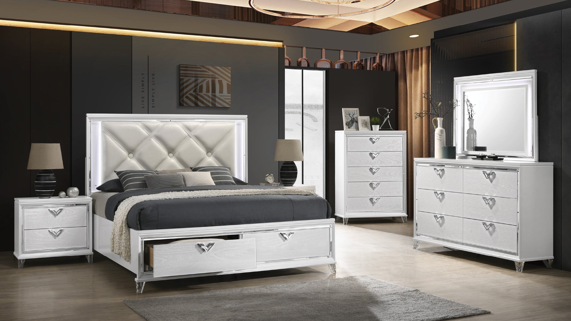 Prism Modern Style Queen 5PC Bedroom Set with LED box spring not required-king-silver-wood-5 piece