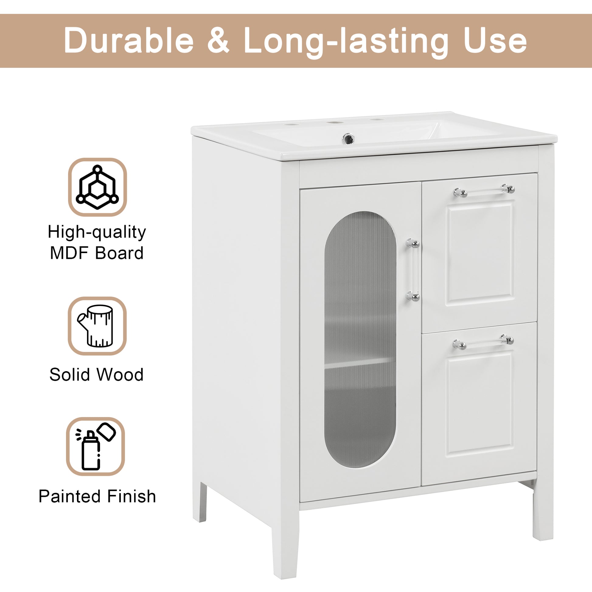 24" Bathroom Vanity with Sink, Bathroom Vanity Cabinet white-solid wood+mdf