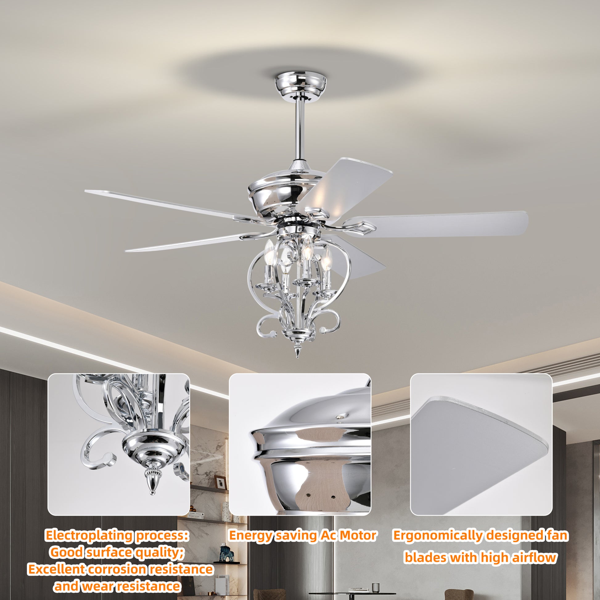 52 inch 4 Lights Ceiling Fan with 5 Wood Blades, Two silver-traditional-wood-metal