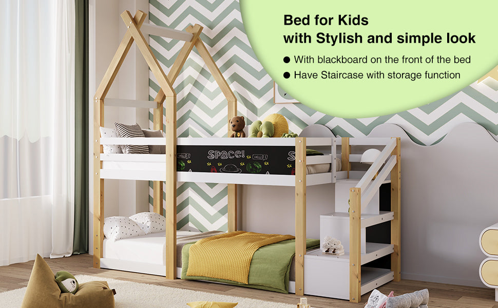 Twin over Twin House Bunk Bed with White Storage box spring not required-twin-white-bed frame-pine