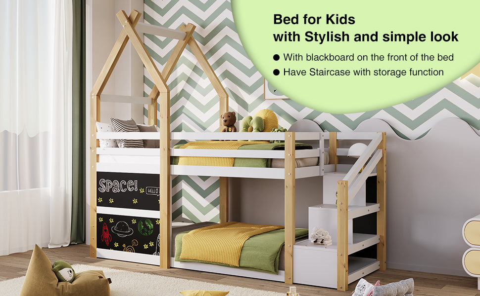 Twin over Twin House Bunk Bed with White Storage box spring not required-twin-white-bed frame-pine