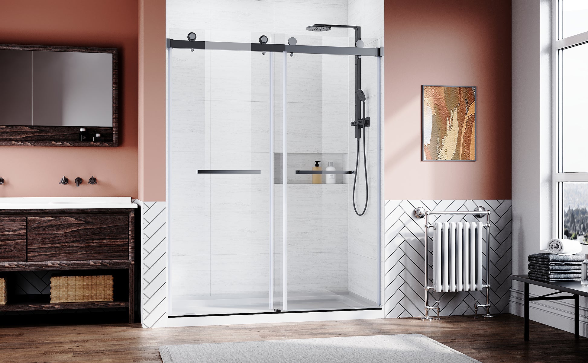 Frameless Sliding Shower Glass Door 56 60 in.W x 76 matt black-stainless steel