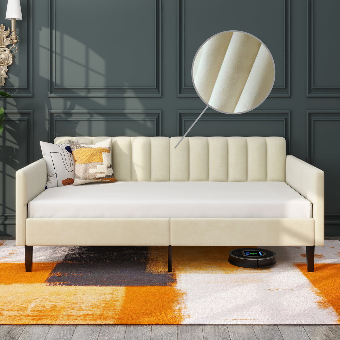 Elena Twin Size Beige Velvet Upholstered Daybed -