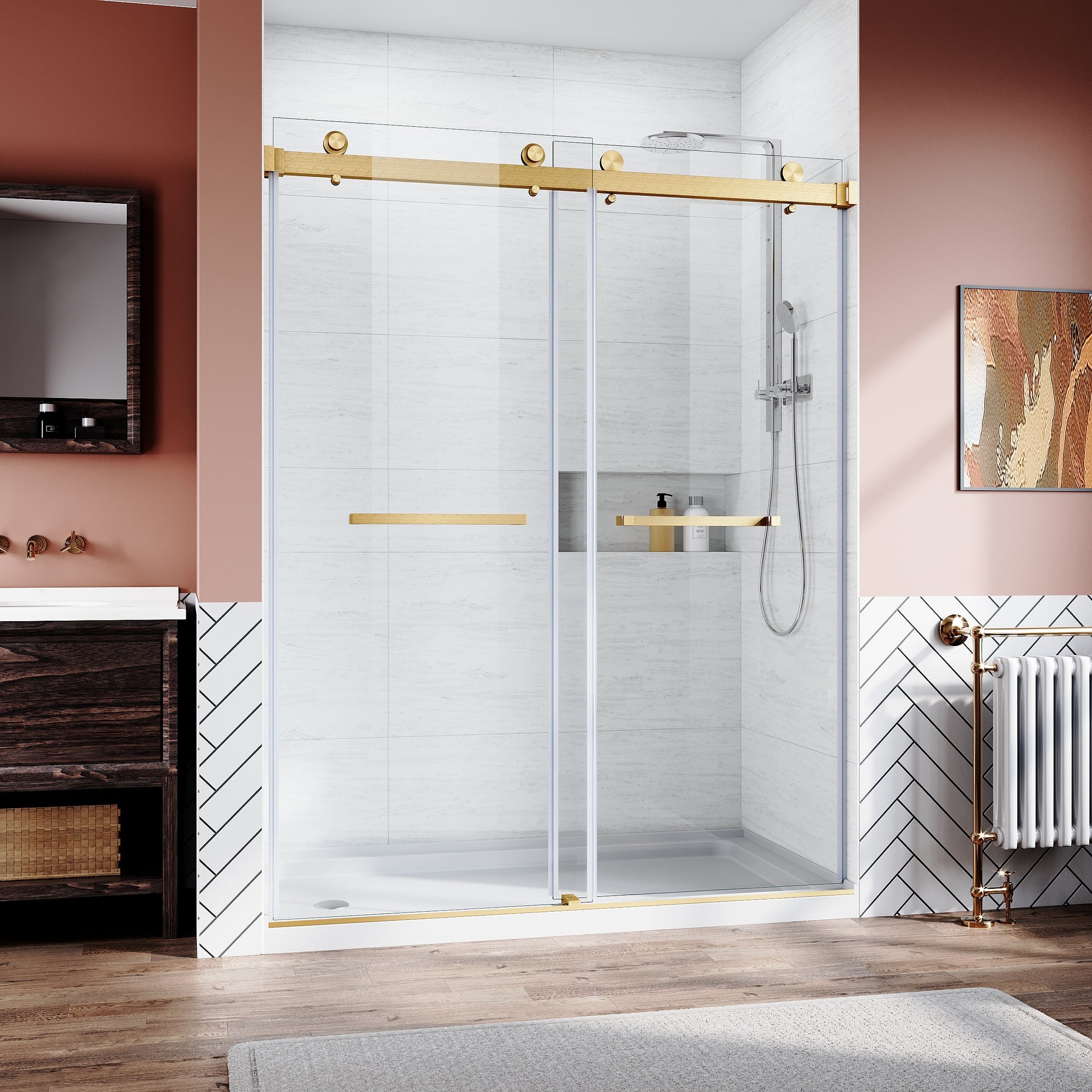 Frameless Sliding Shower Glass Door 56 60 in.W x 76 brushed gold-stainless steel