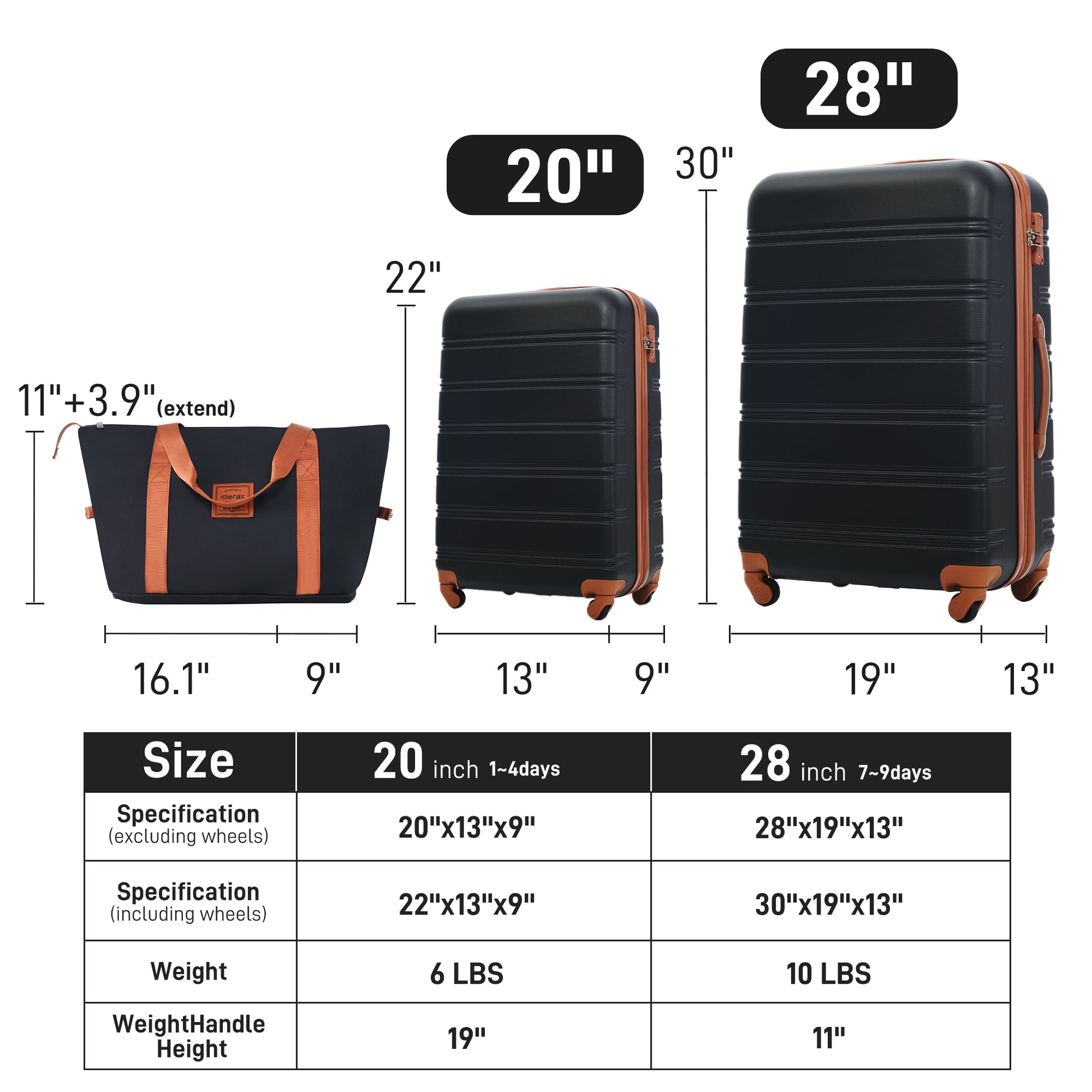 Hardshell Luggage Sets 2Pcs Bag Spinner Suitcase with black+brown-abs