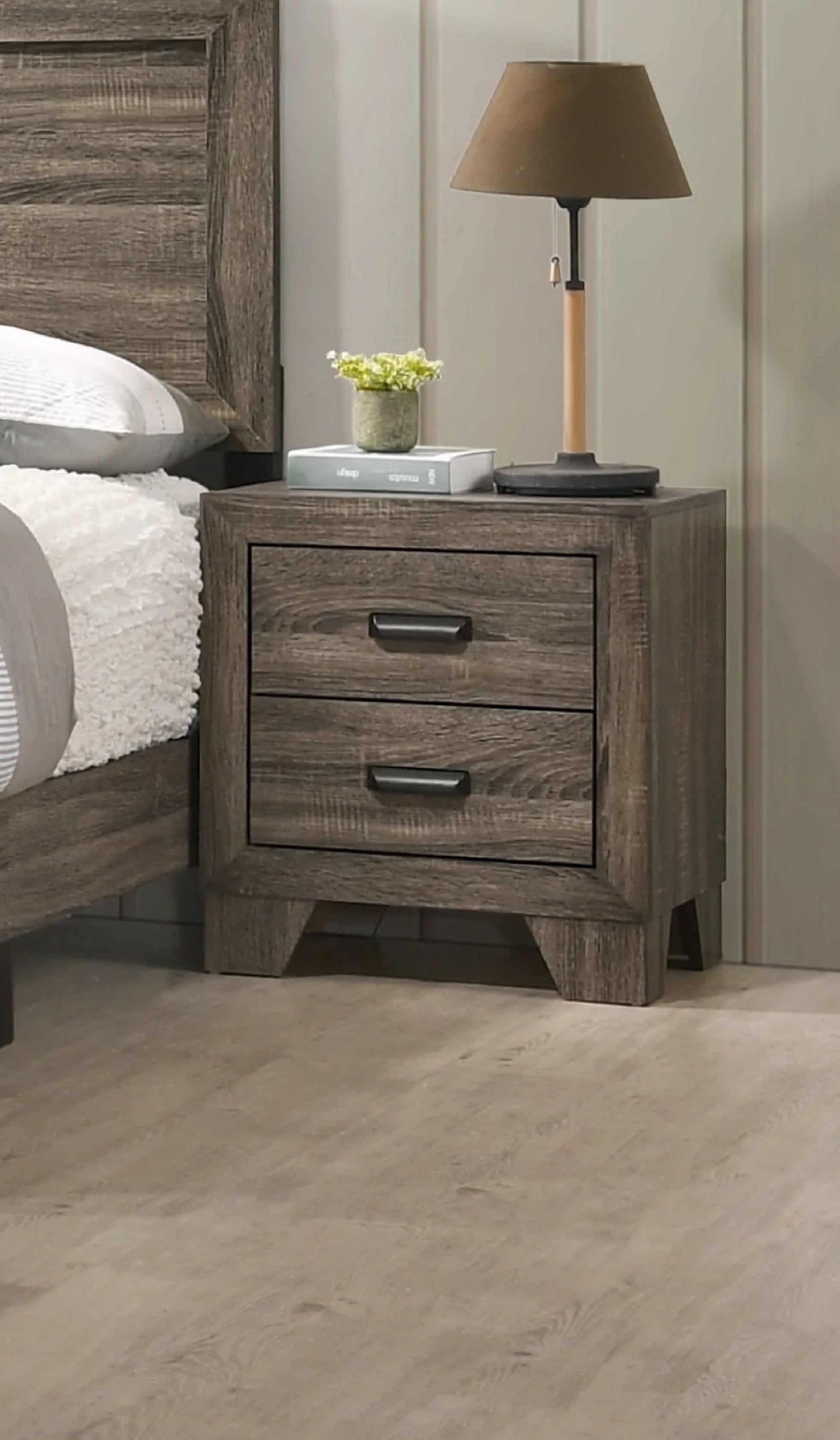 1pc Transitional 2 Drawer Nightstand with Metal gray-2 drawers-bedside cabinet-wood