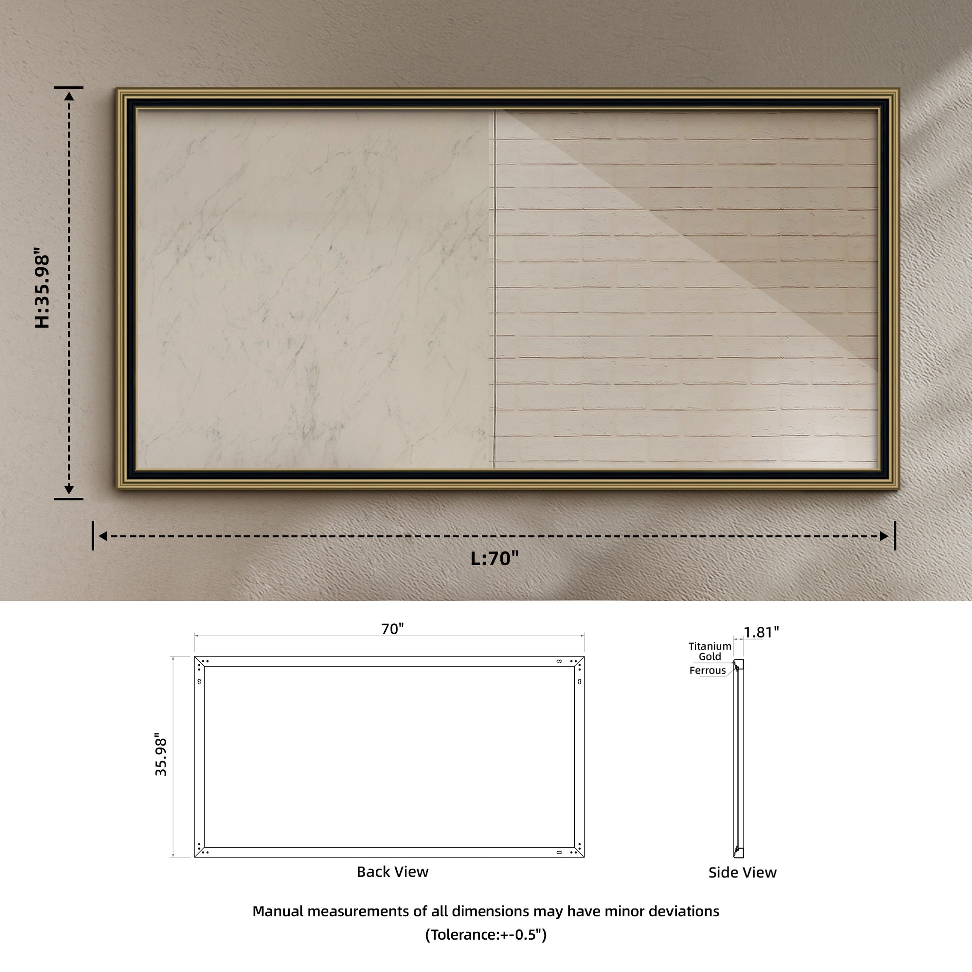 70"*36" Bathroom mirror without LED Light modern style white+gold-classic-luxury-modern-glass-glass