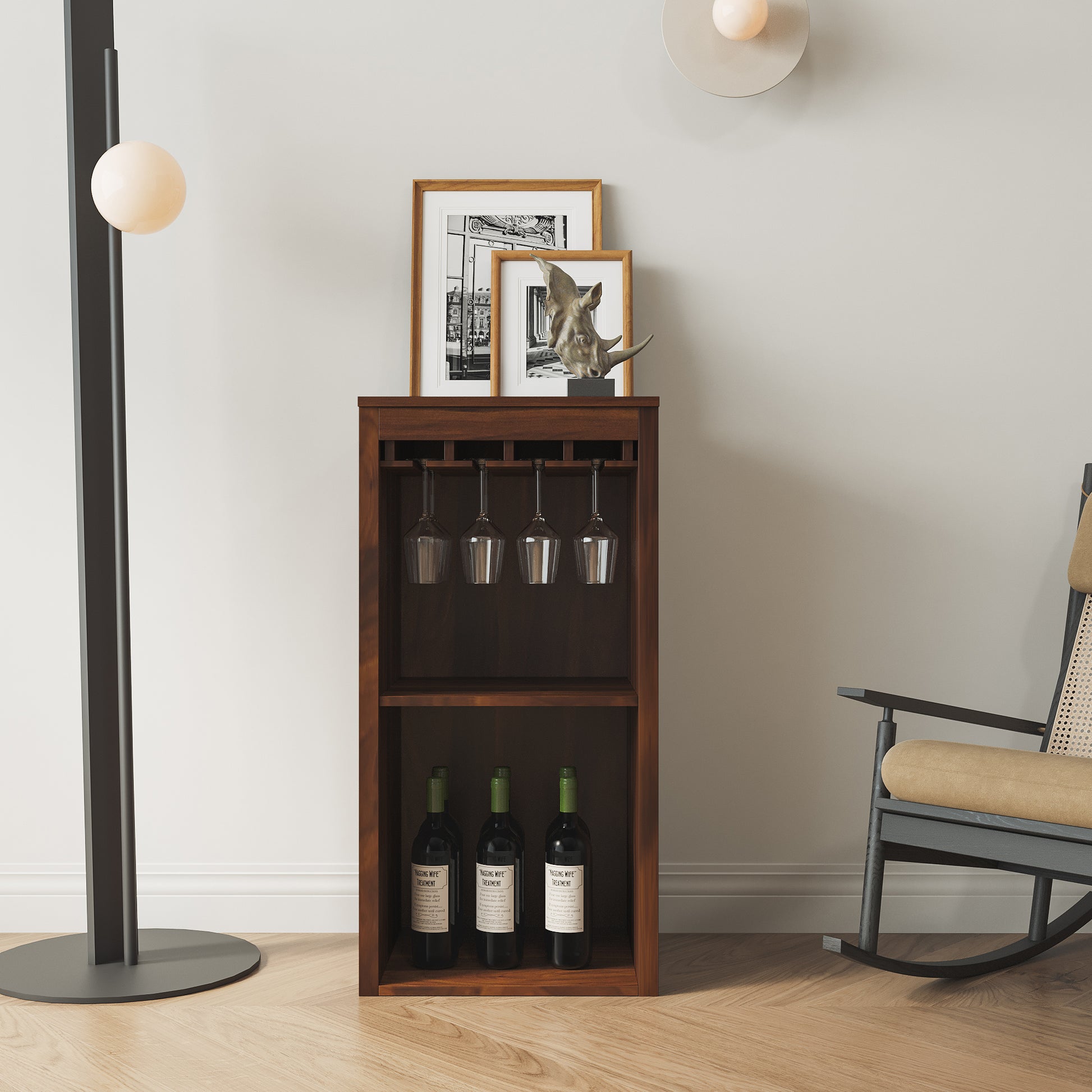 Brown walnut color modular wine bar Cabinet with walnut brown-mdf