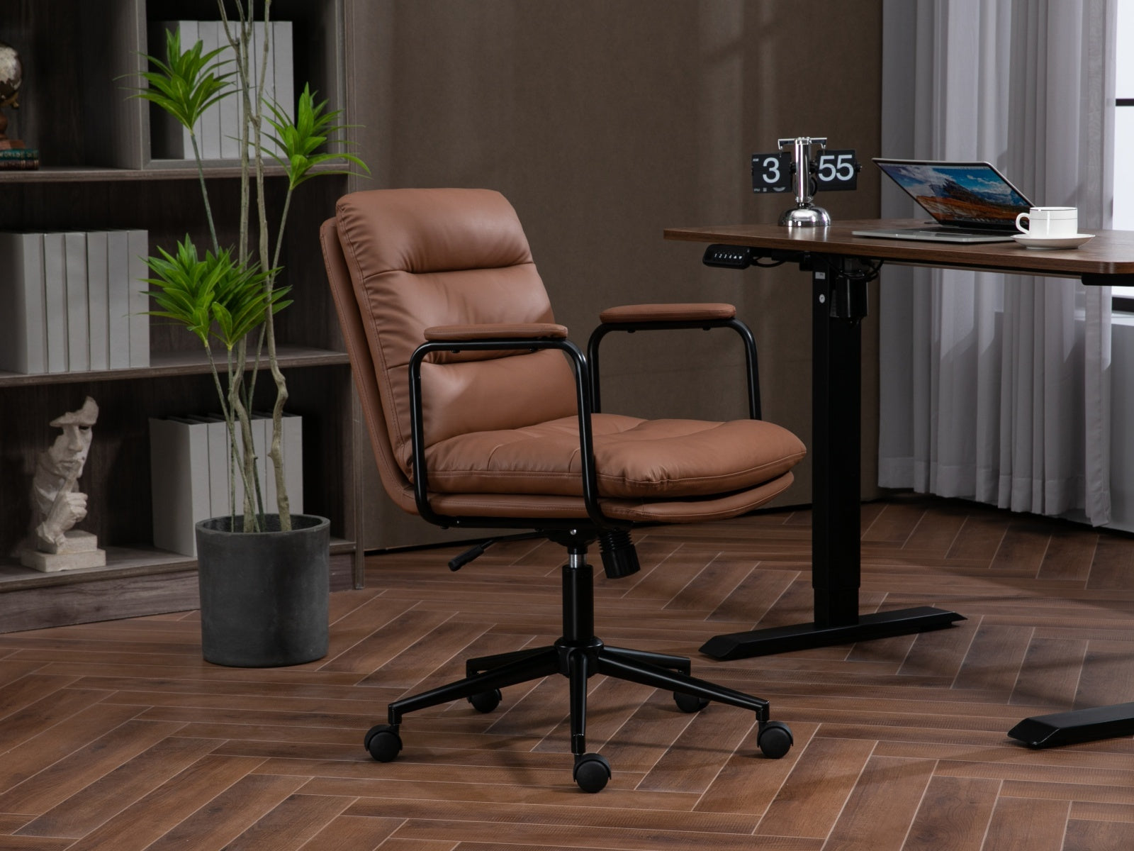 Office Chair,Mid Back Home Office Desk Task Chair with brown-office-american design-foam-pu leather