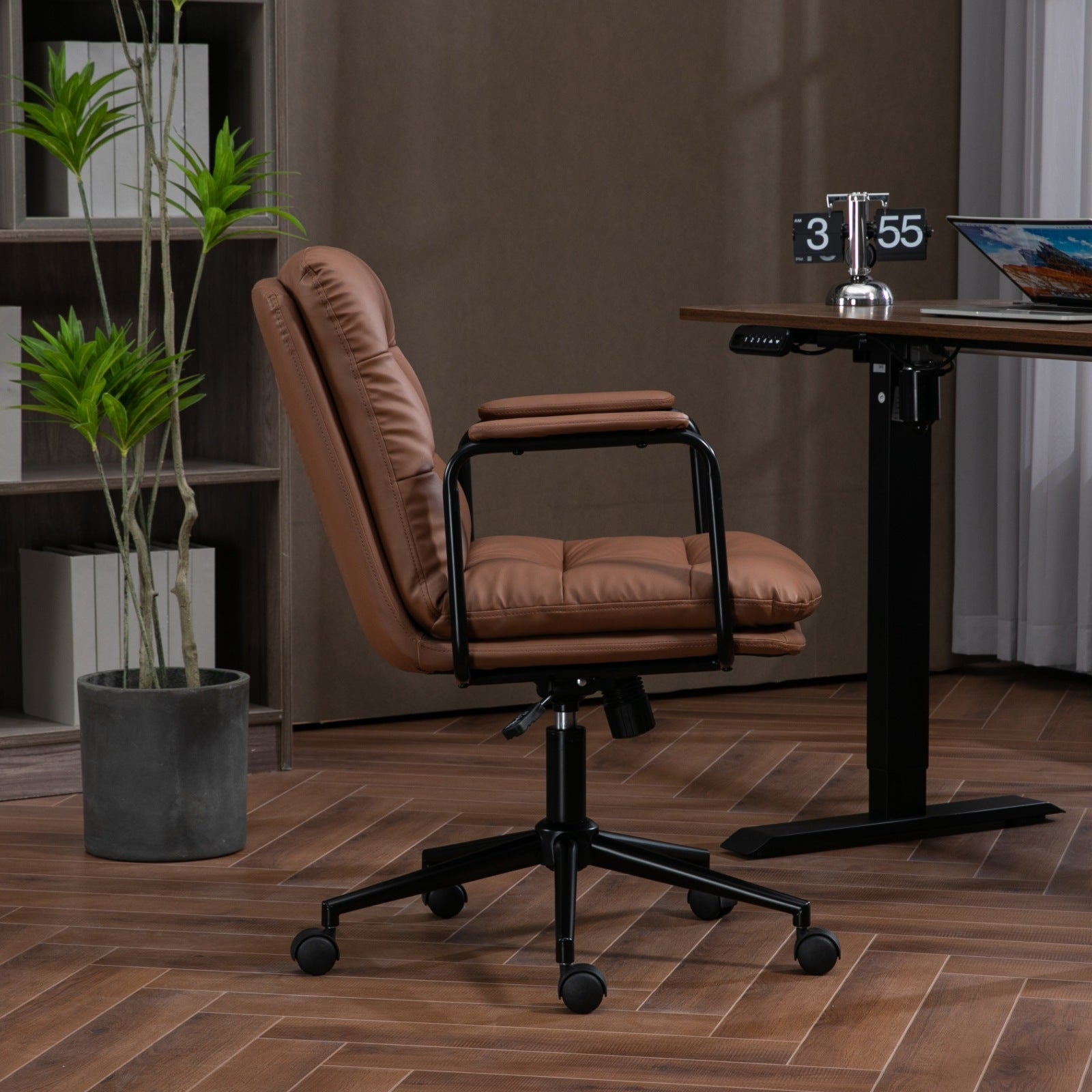 Office Chair,Mid Back Home Office Desk Task Chair with brown-office-american design-foam-pu leather