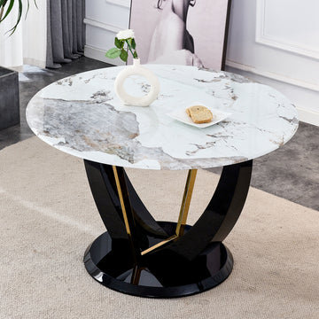 Modern minimalist circular glass tabletop with a white-mdf+glass