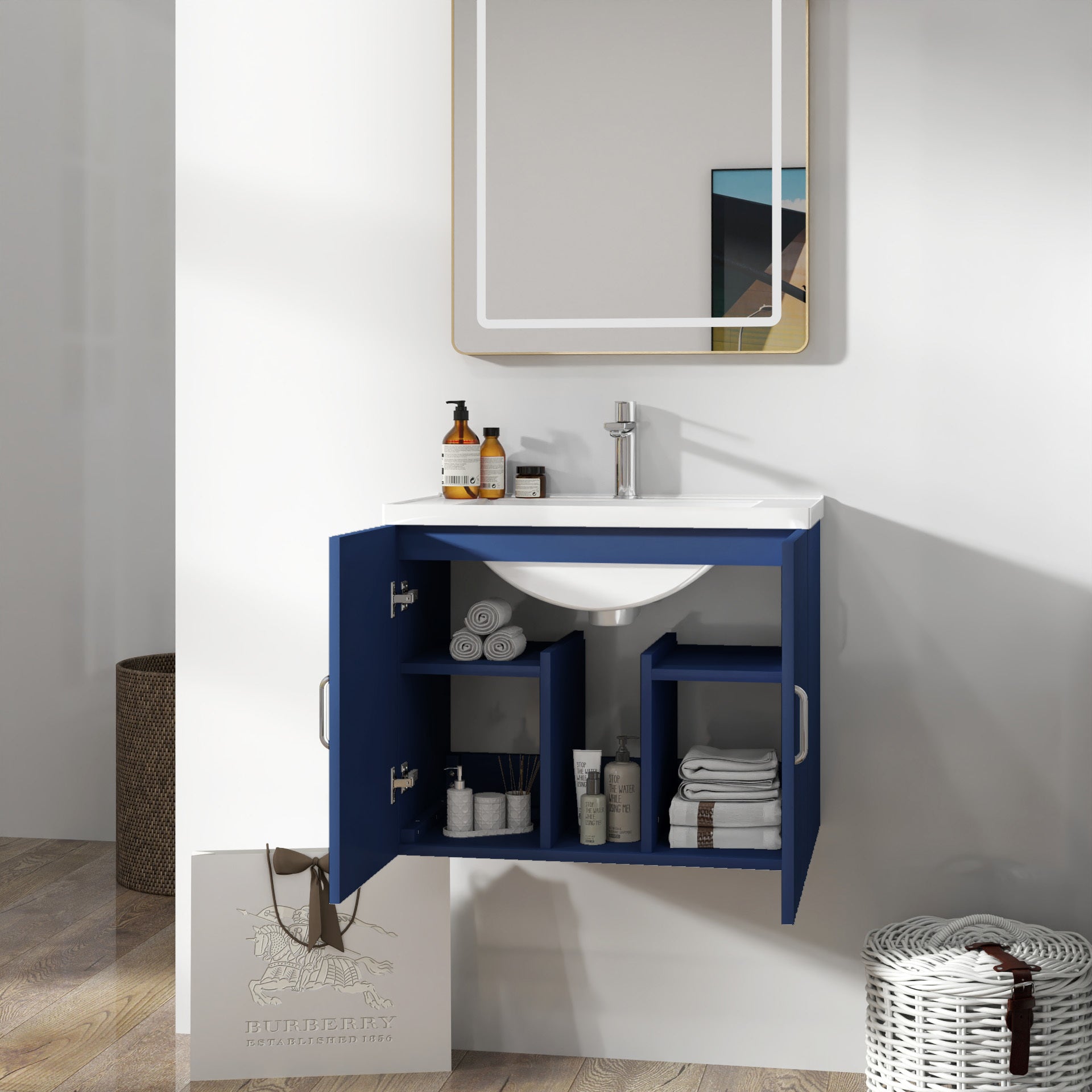 24" Floating Wall Mounted Bathroom Vanity with White blue-ceramic+mdf