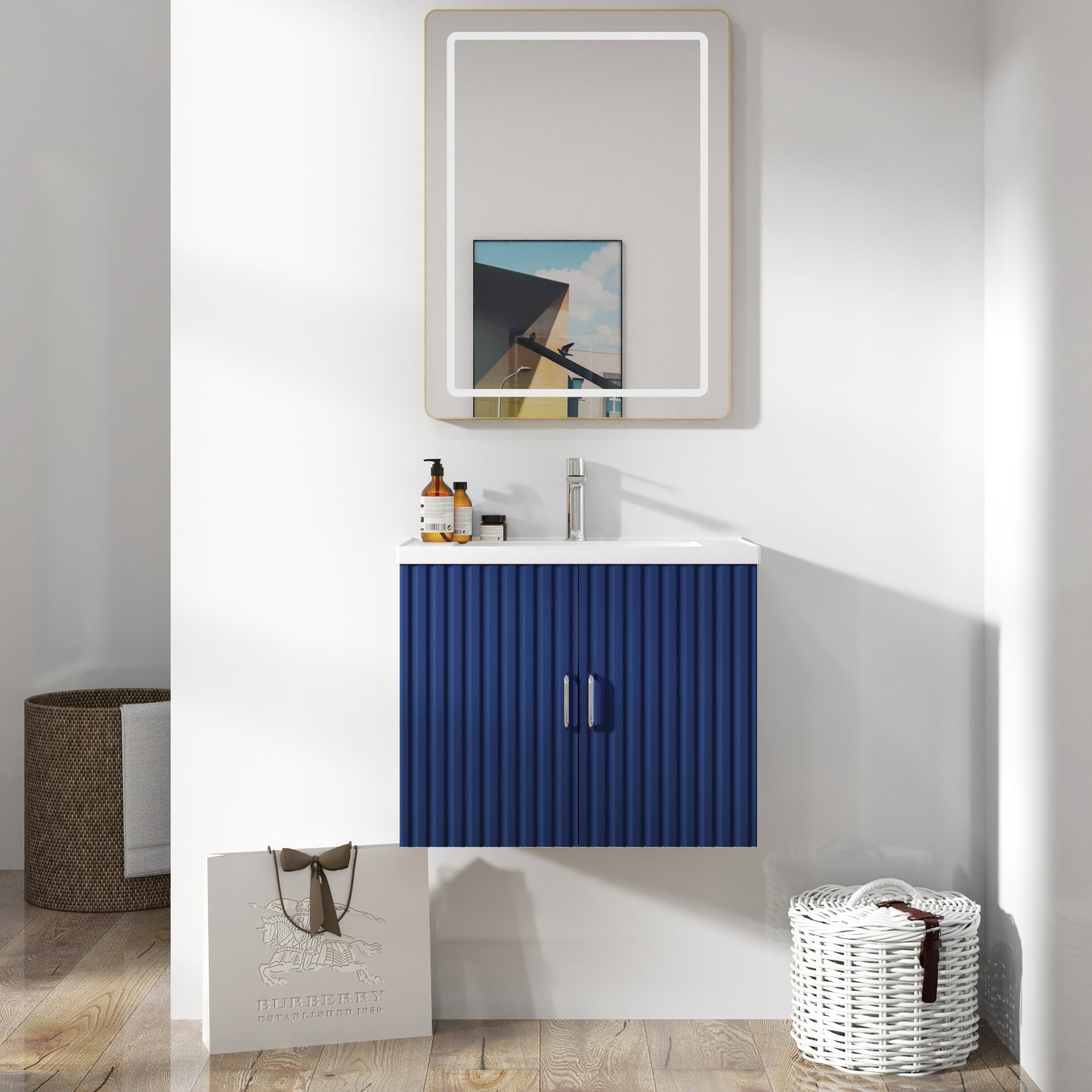 24" Floating Wall Mounted Bathroom Vanity with White blue-ceramic+mdf