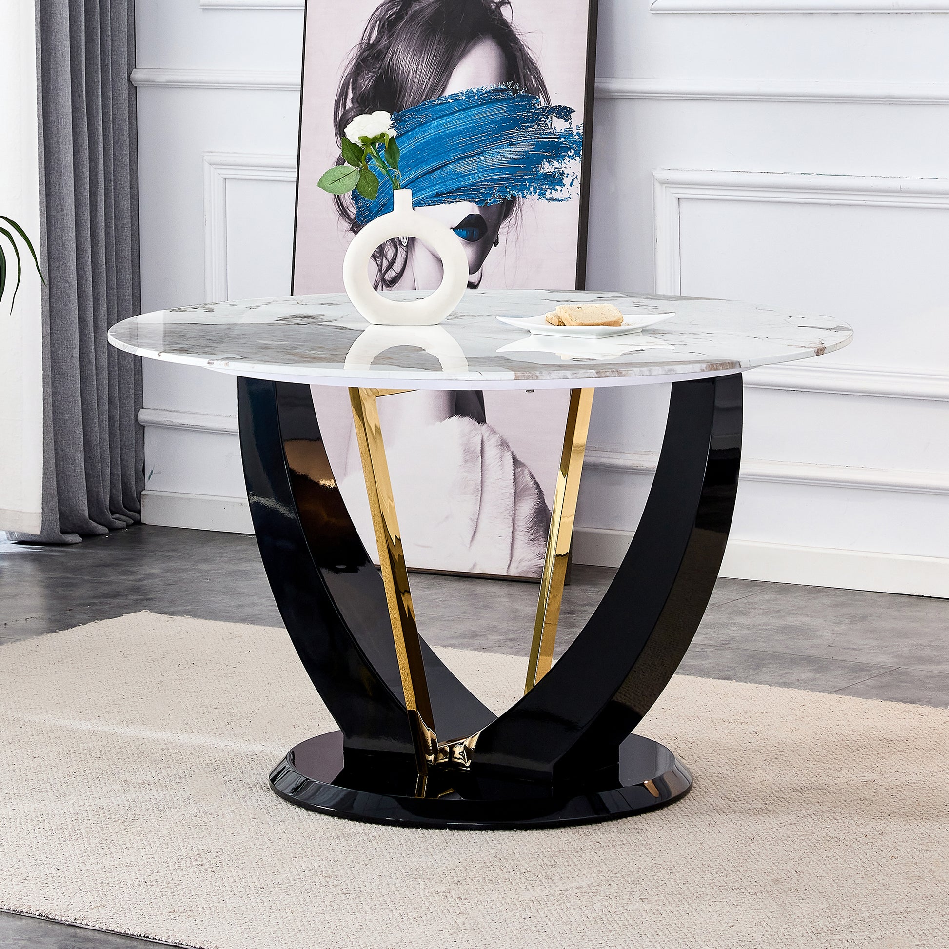 Modern minimalist circular glass tabletop with a white-mdf+glass