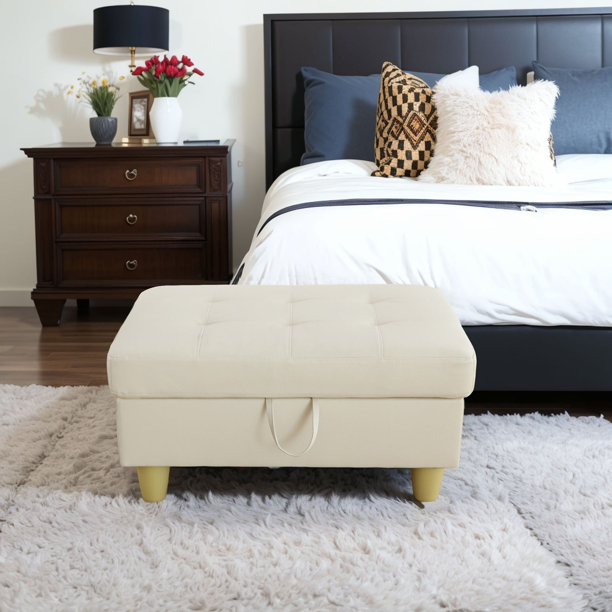 Rectangular Upholstered Ottoman With Storage And white-foam-faux leather