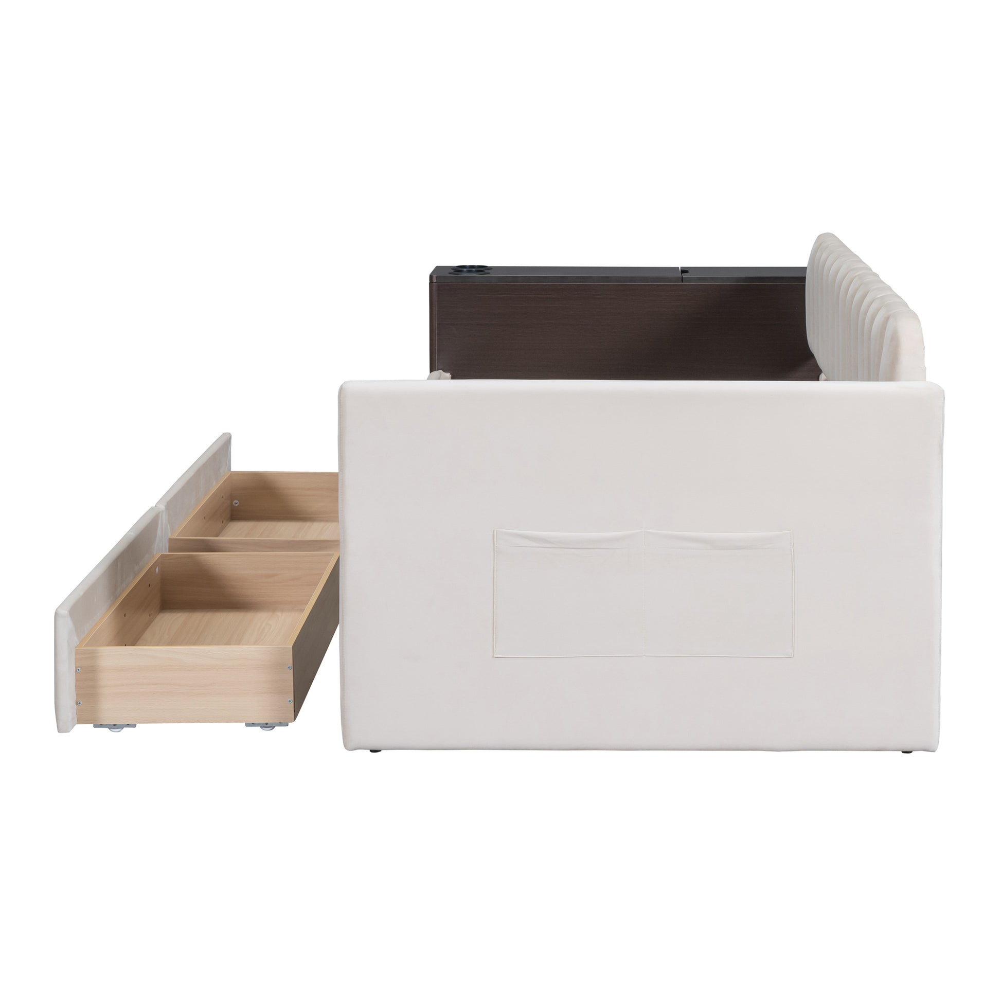 Twin Size Upholstered Daybed with Storage Armrest and beige-upholstered