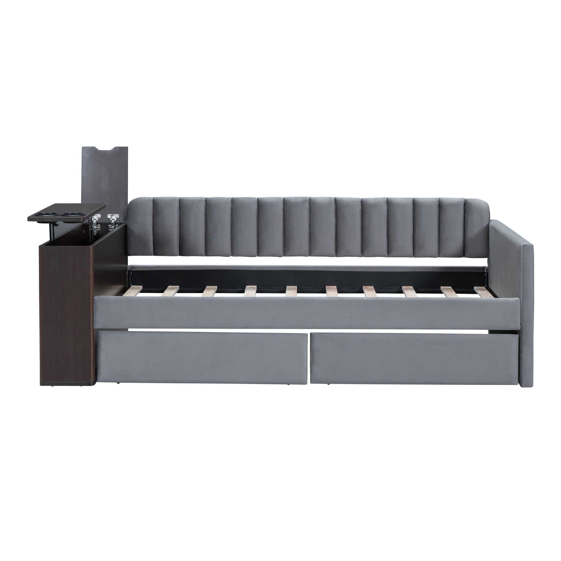 Twin Size Upholstered Daybed with Storage Armrest and gray-upholstered