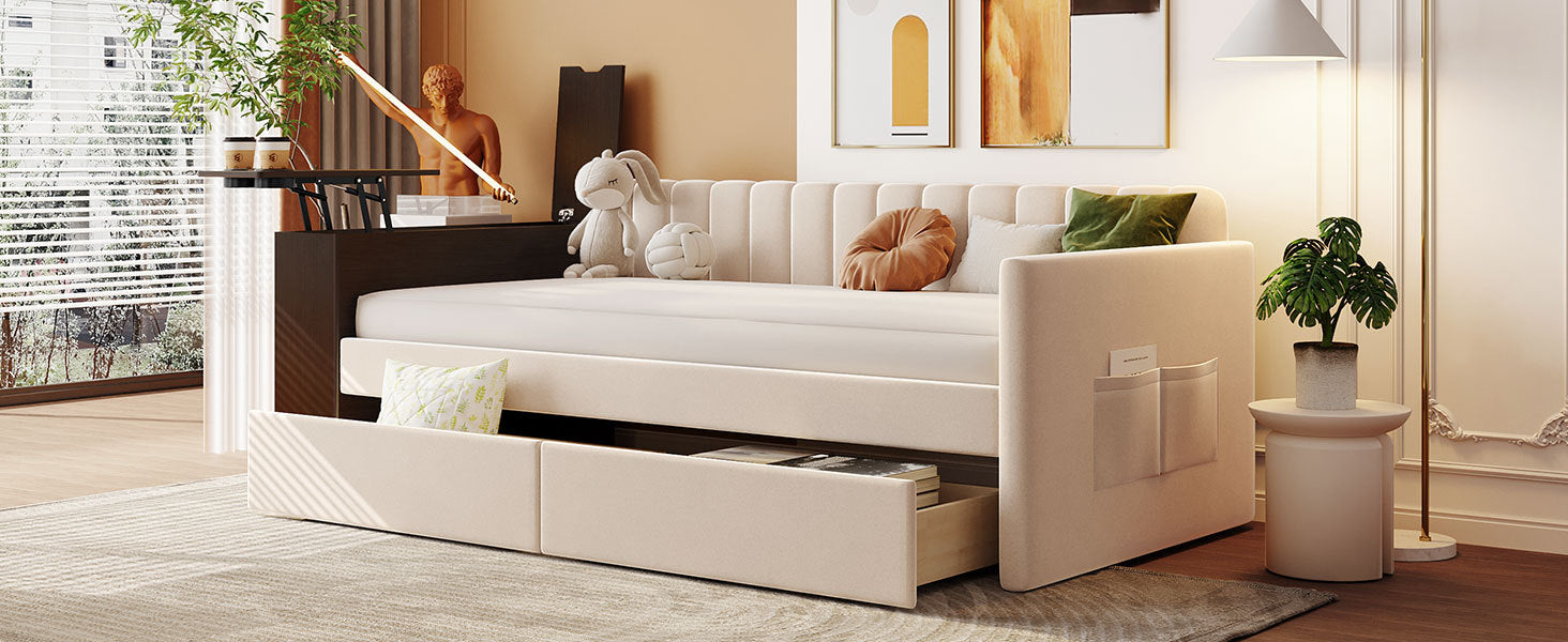 Twin Size Upholstered Daybed with Storage Armrest and beige-upholstered