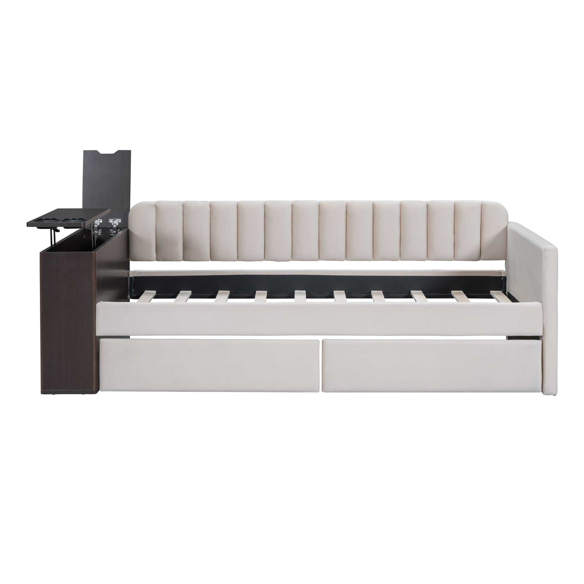 Twin Size Upholstered Daybed with Storage Armrest and beige-upholstered