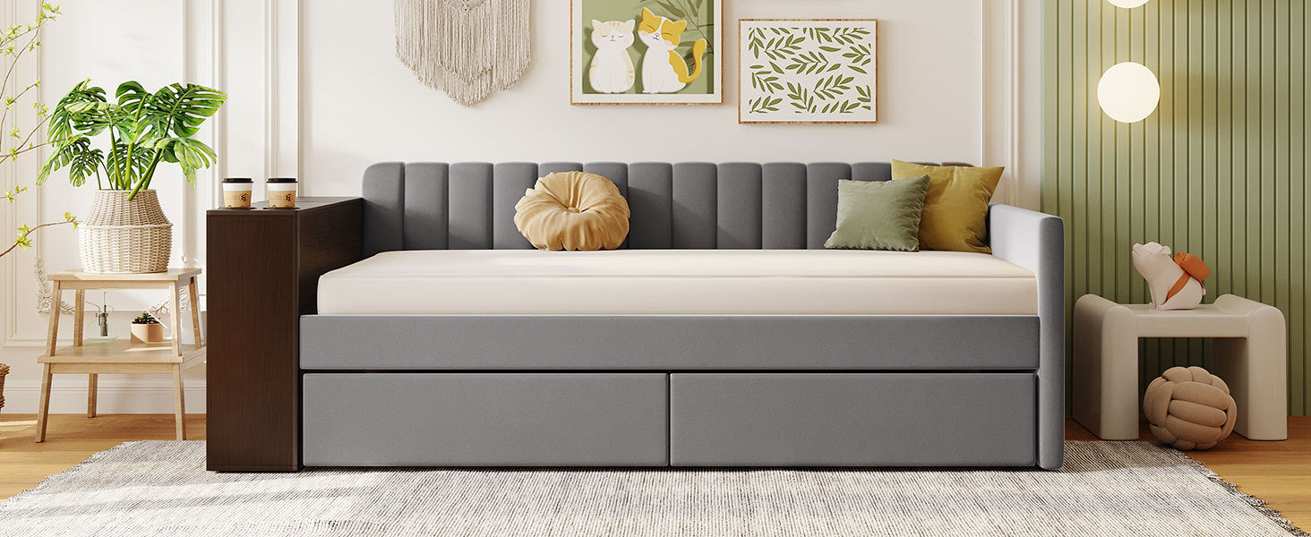 Twin Size Upholstered Daybed with Storage Armrest and gray-upholstered