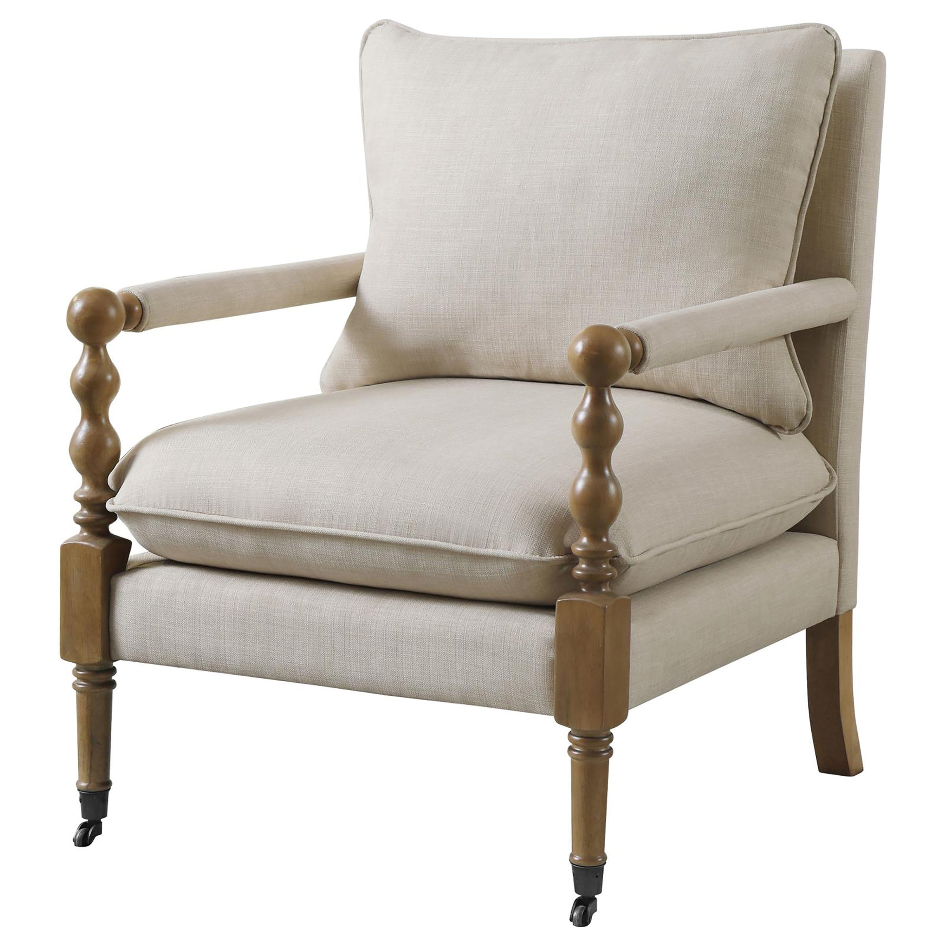 Beige Wooden Accent Chair with Turned Legs