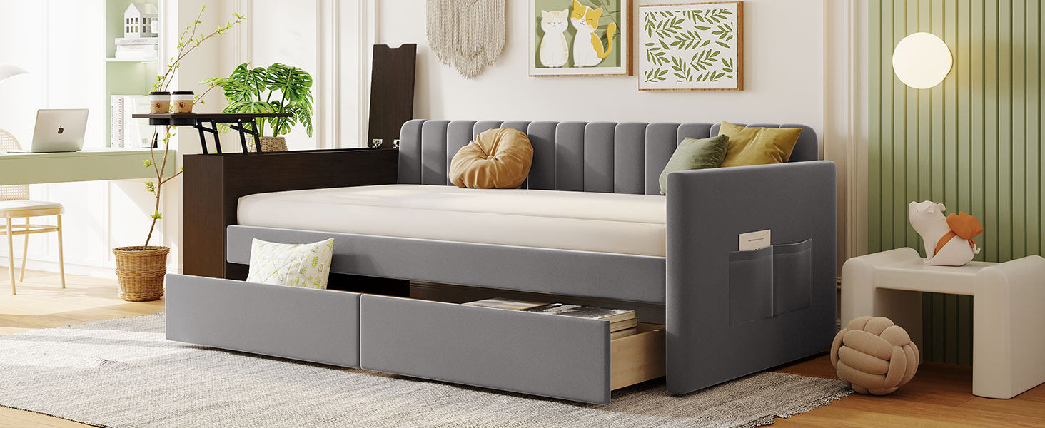 Twin Size Upholstered Daybed with Storage Armrest and gray-upholstered