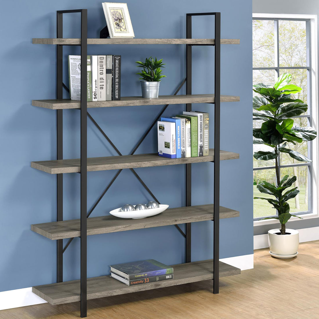 Grey Driftwood and Gunmetal 5 tier Bookcase 5-grey-gray-standard-vertical-office-open